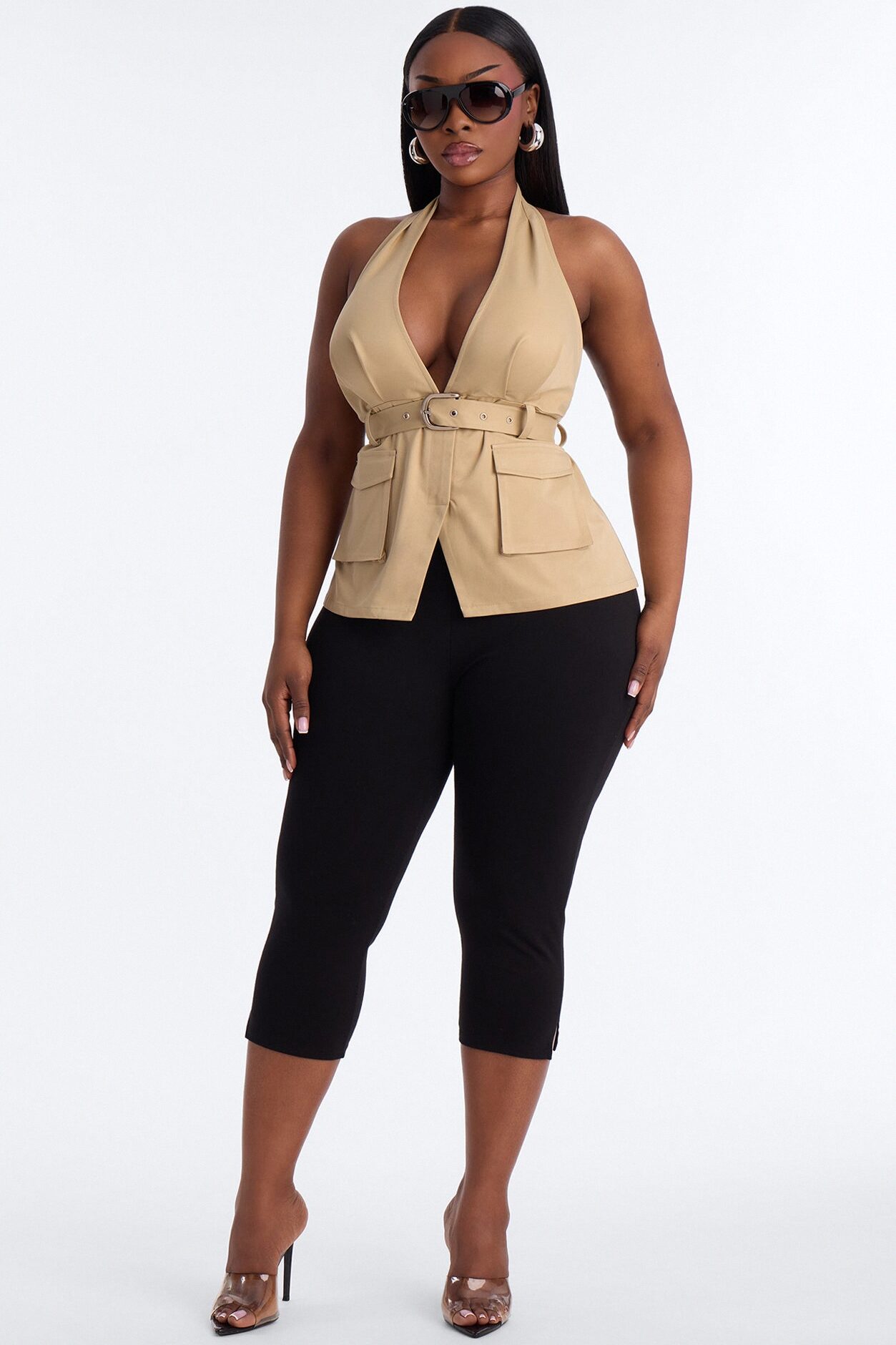 Downtown Heat Belted Twill Halter Top - Taupe