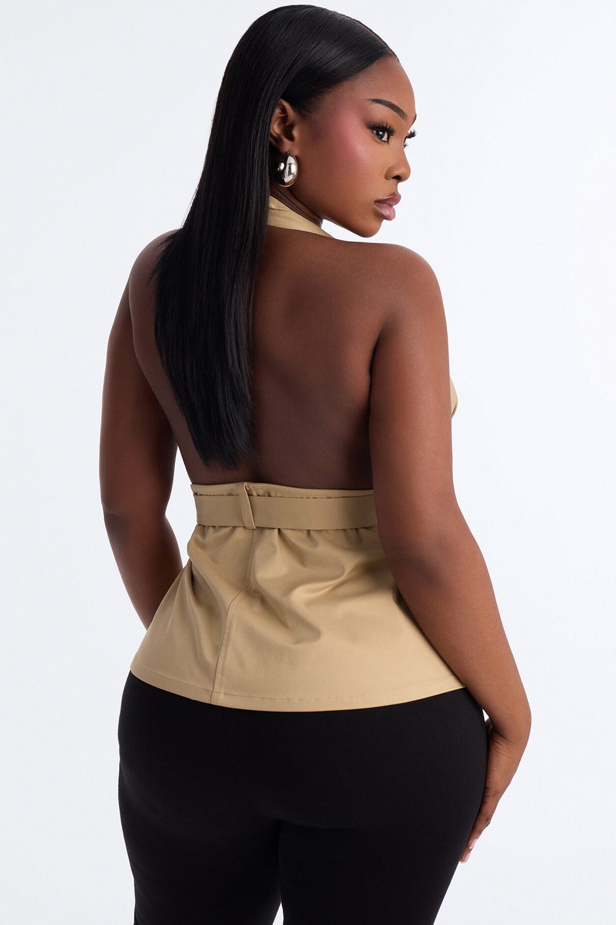Downtown Heat Belted Twill Halter Top - Taupe