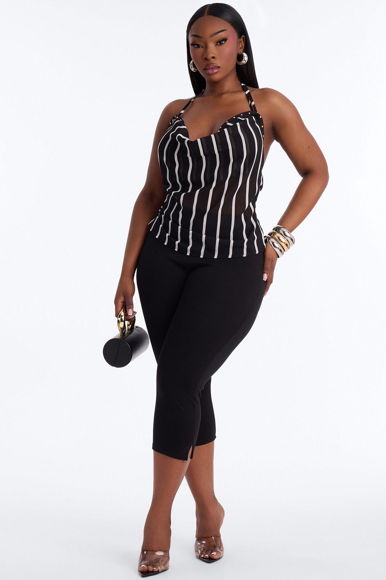 Madelyn Studded Stripe Chiffon Halter Top - Black/combo