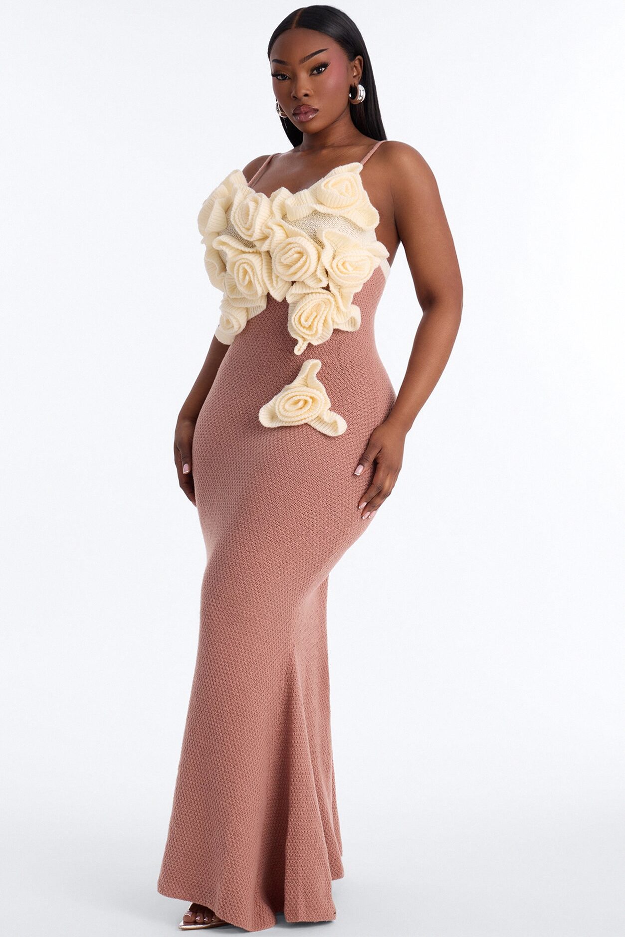 Renae Floral Applique Knit Maxi Dress - Mocha/combo