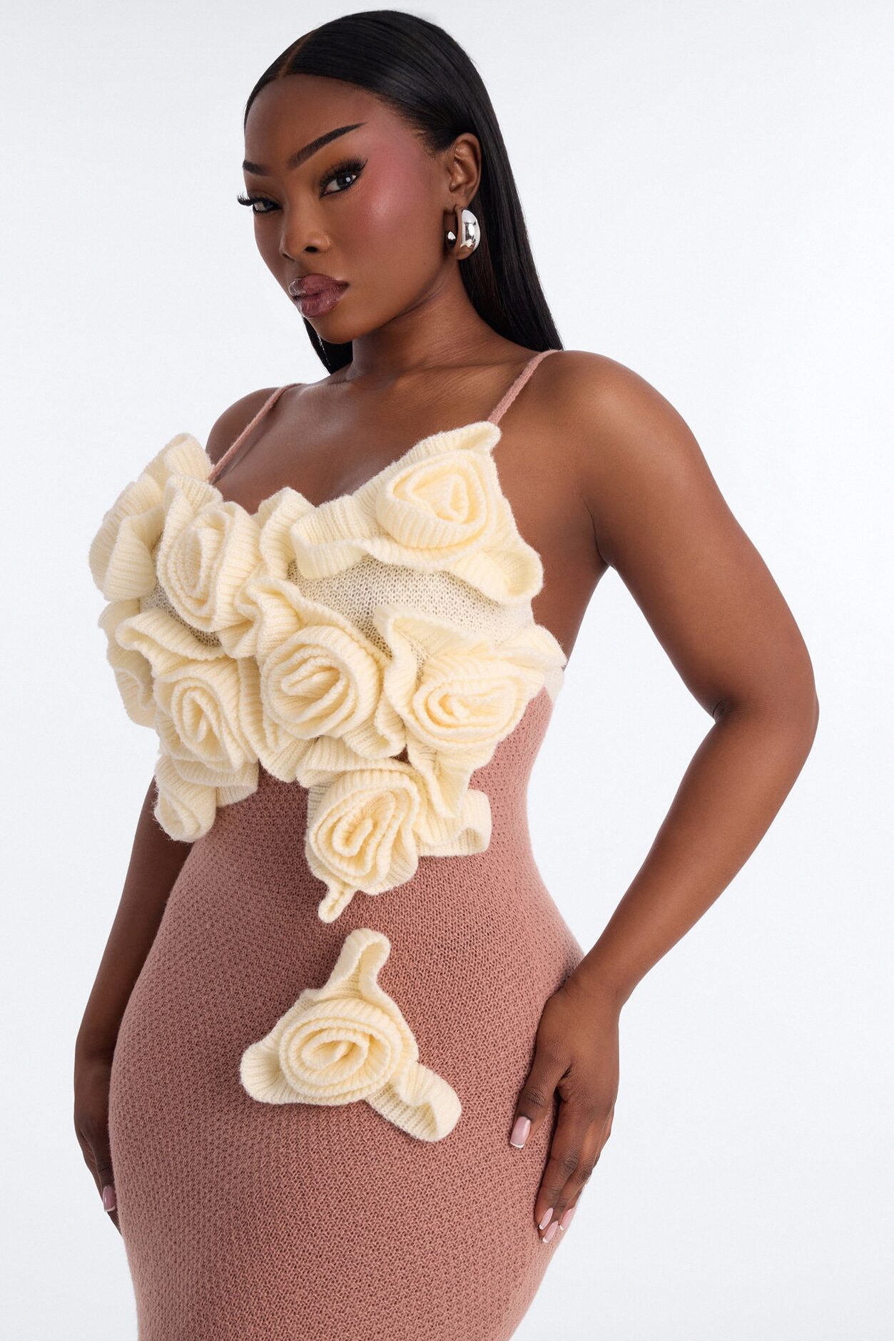 Renae Floral Applique Knit Maxi Dress - Mocha/combo