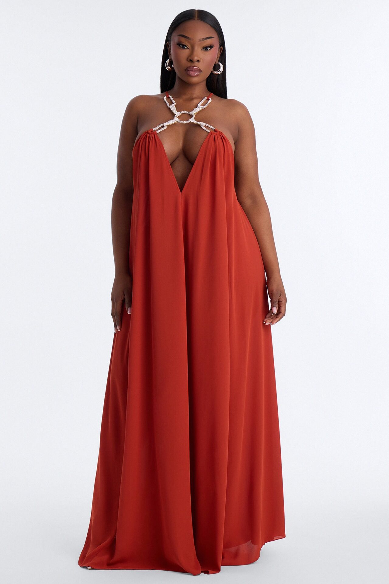 Amara Flowy Chiffon Maxi Dress - Rust