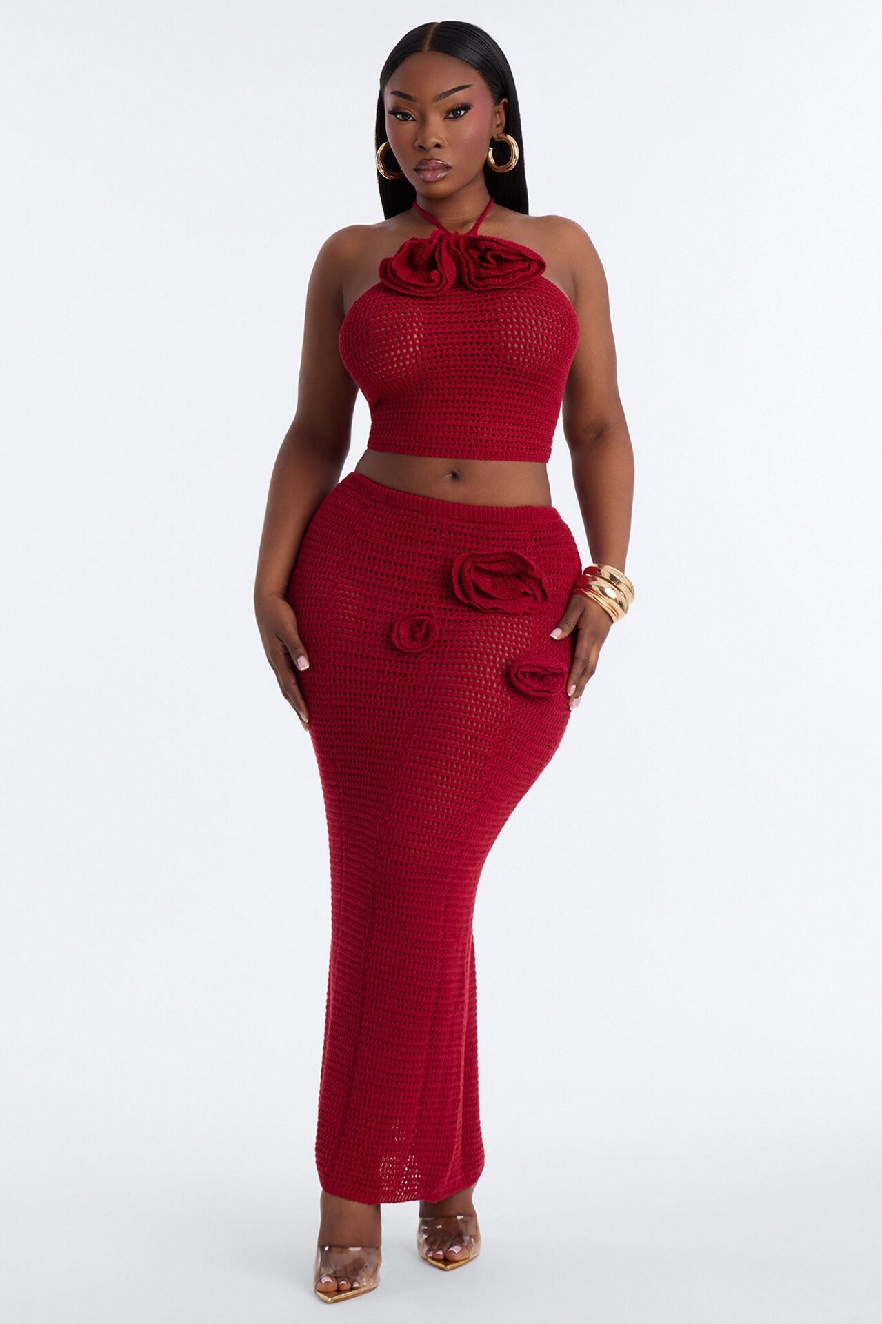 Sadie Floral Crochet Maxi Skirt Set - DarkRed