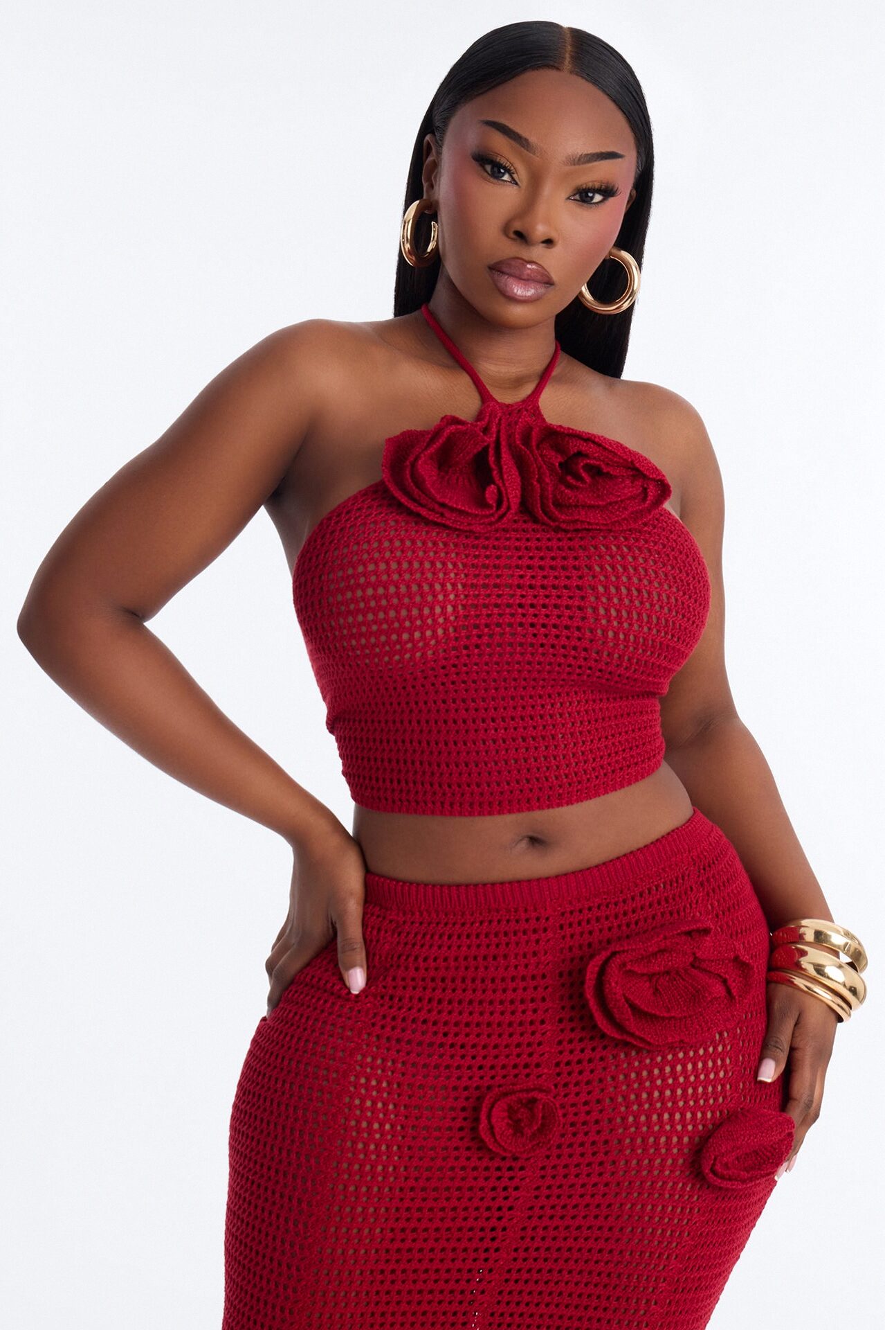 Sadie Floral Crochet Maxi Skirt Set - DarkRed
