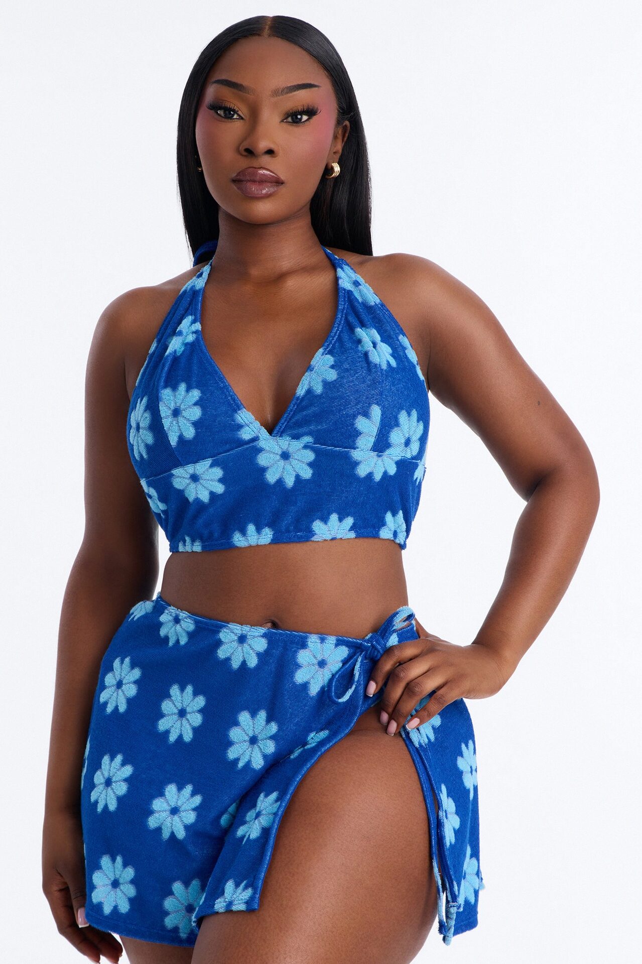 Janie Flower Terry 3 Piece Bikini & Skirt Set - Blue/combo