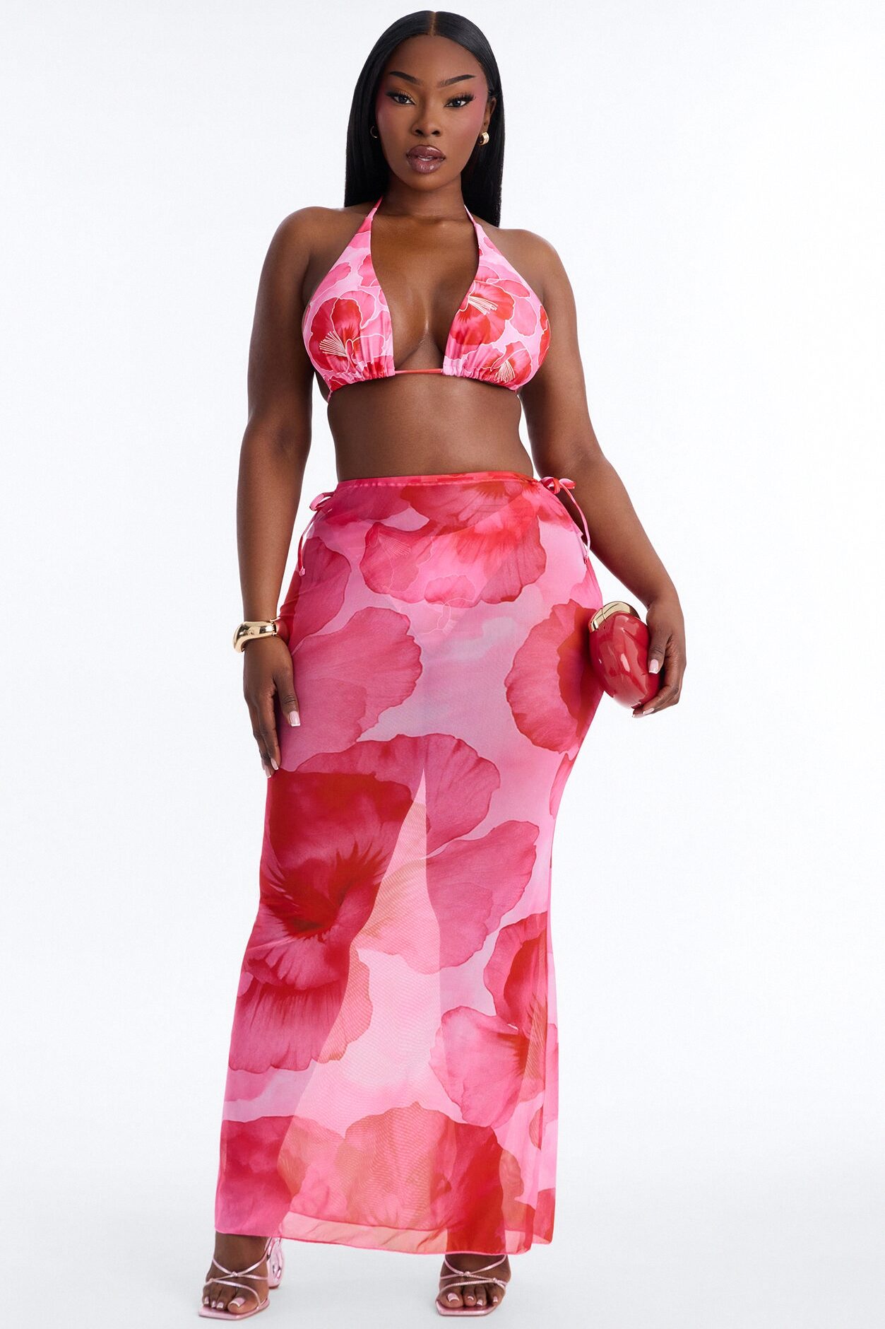 Paradise In Bloom Floral 3 Piece Bikini & Skirt Sunsuit - Pink/combo