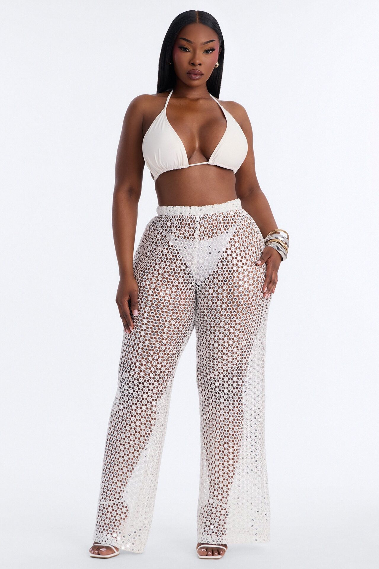 Zuri Low Rise Crochet Sequin Wide Leg Pant - White