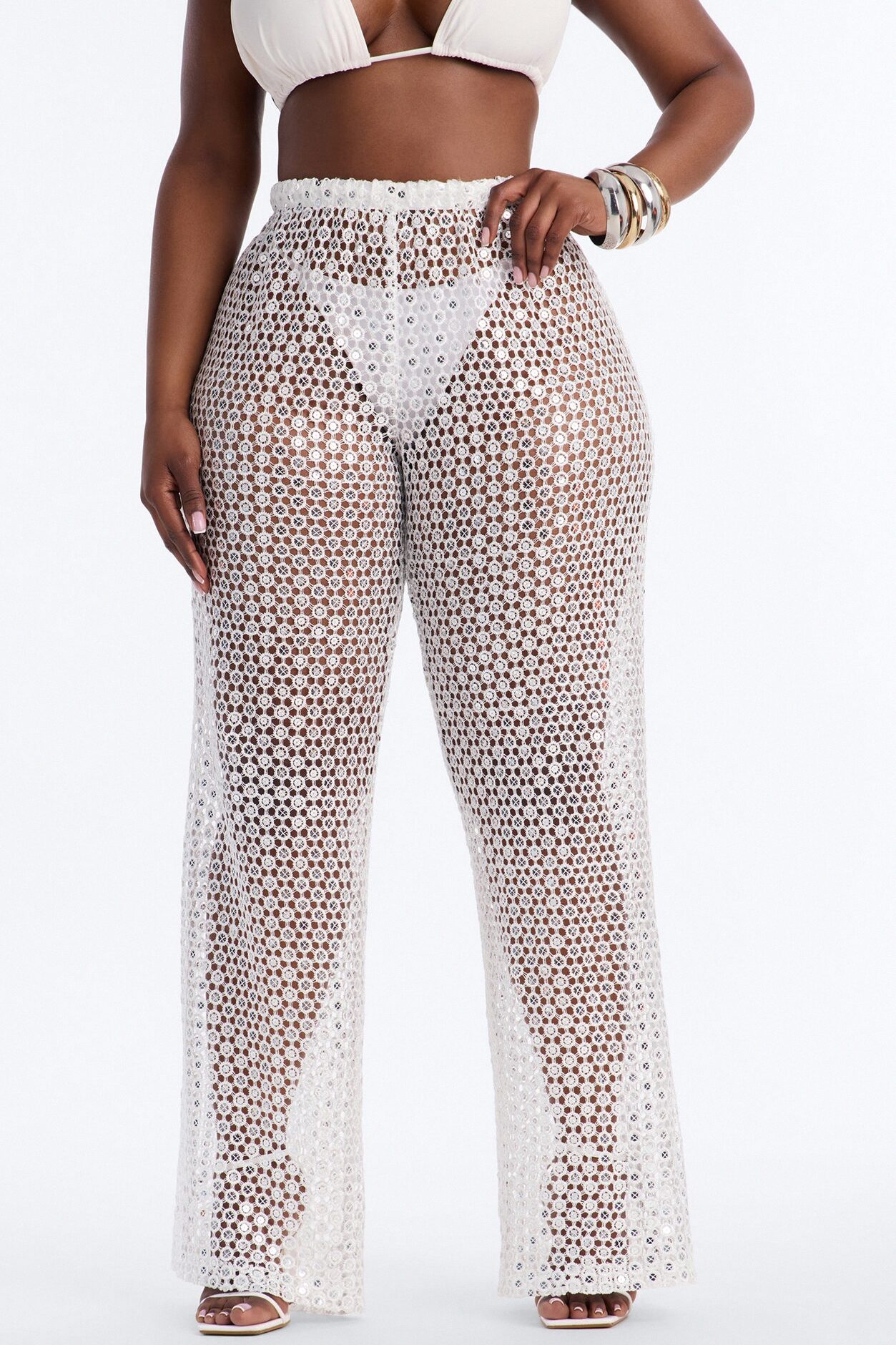 Zuri Low Rise Crochet Sequin Wide Leg Pant - White