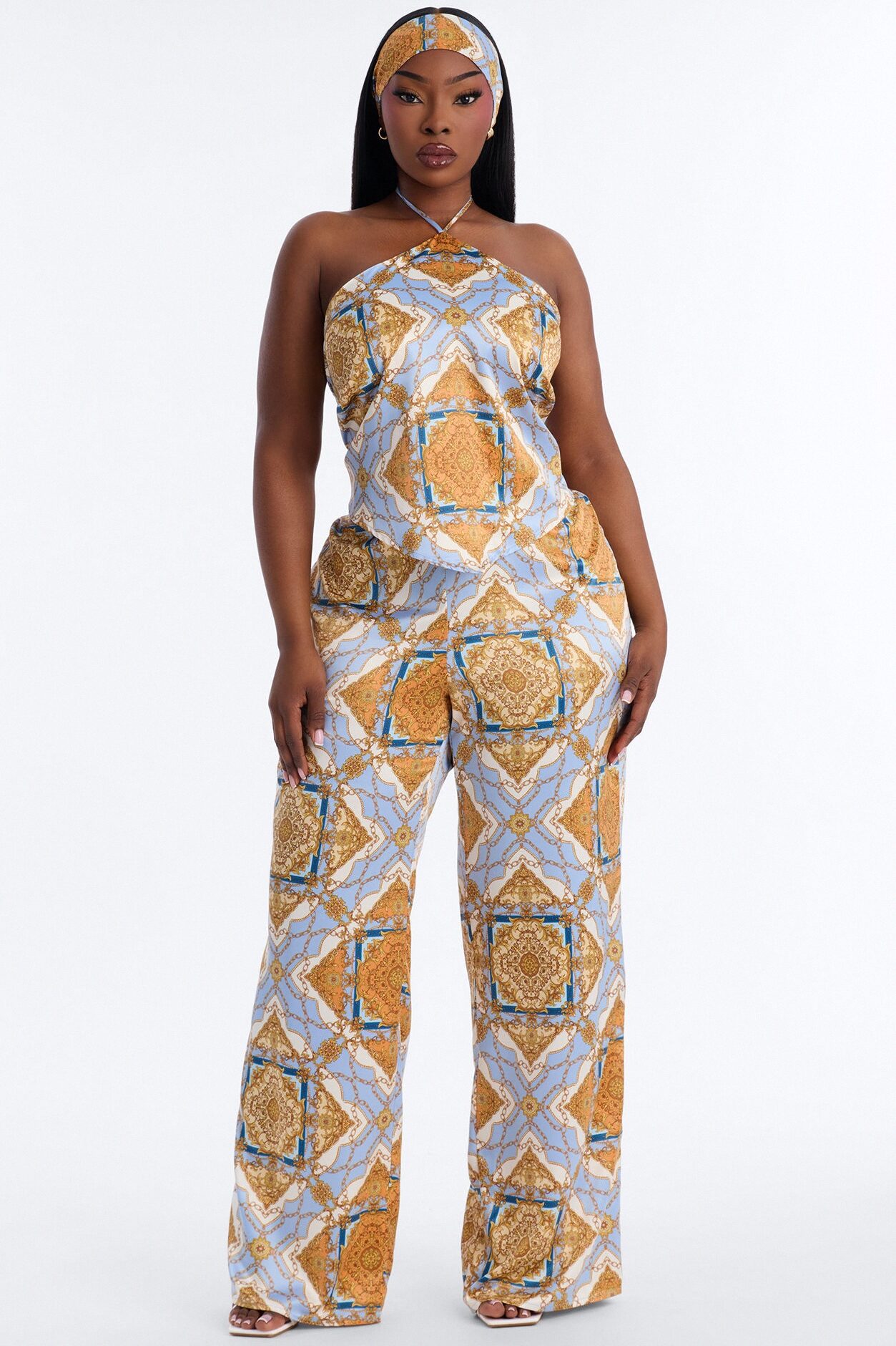 Nadia Satin 3 Piece Pant Set - Blue/combo