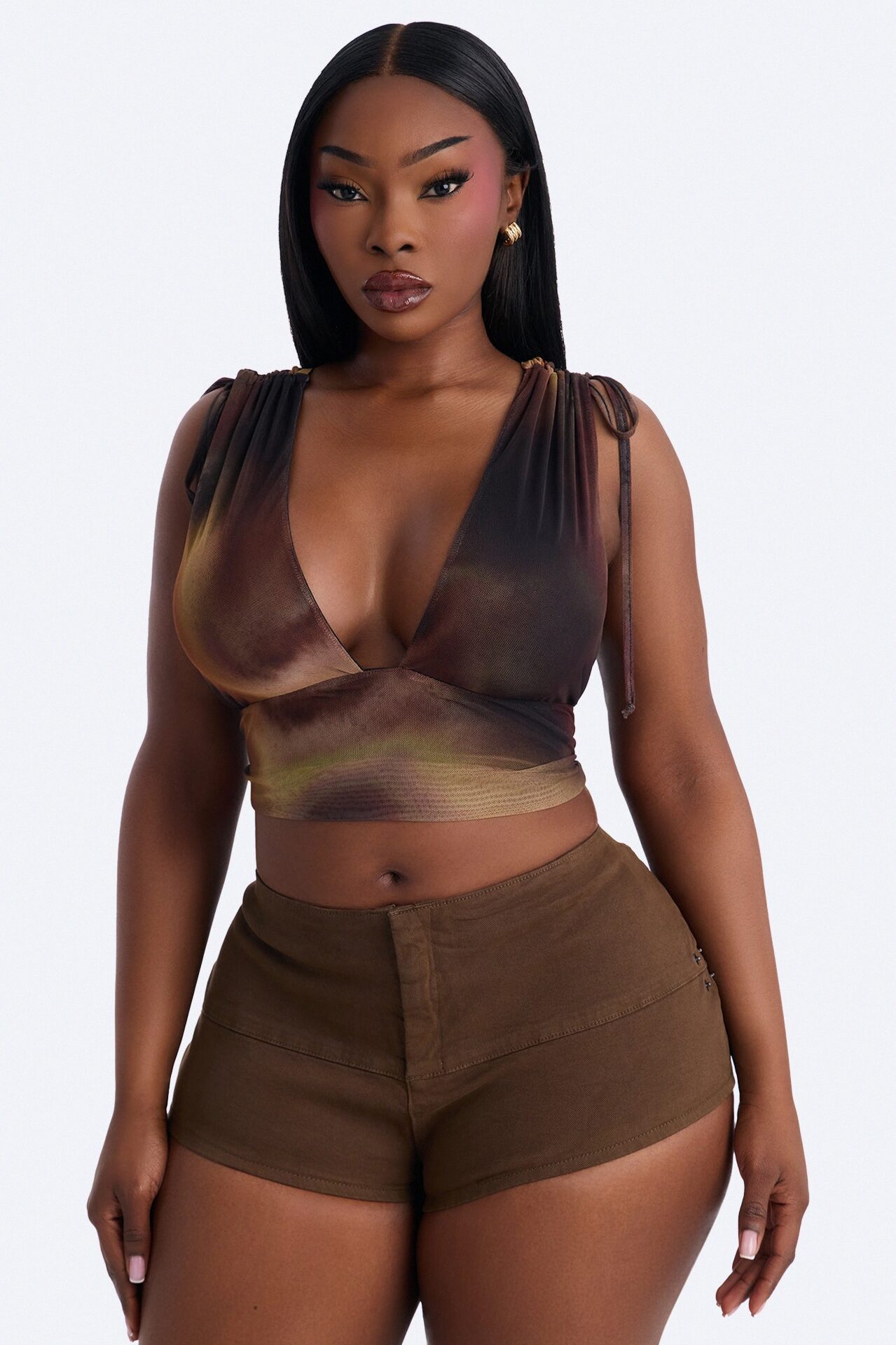 Lori Deep V-Neck Mesh Cropped Top - Brown/combo