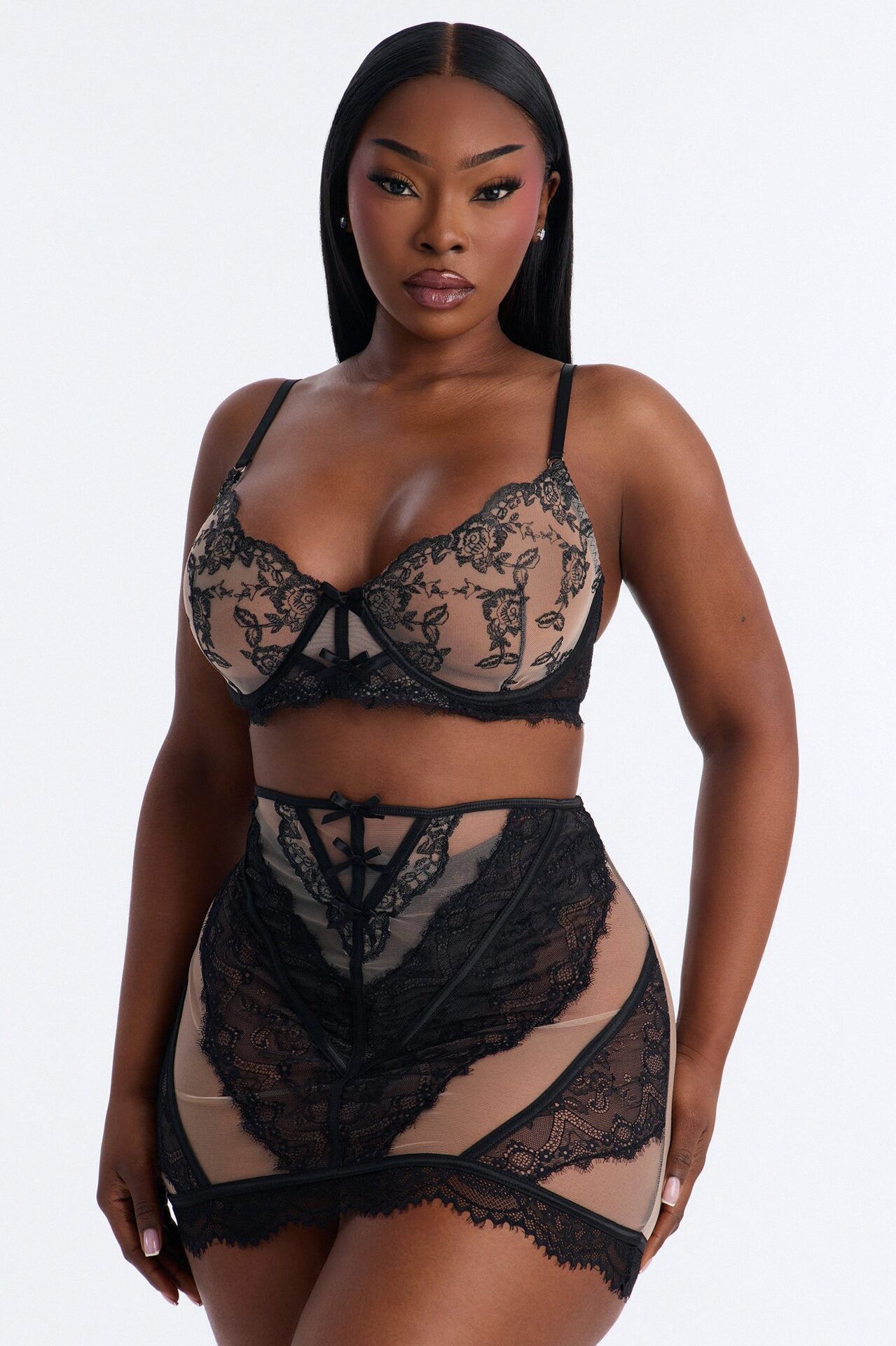 Kaira Lace 3 Piece Bra And Panty Skirt Set - Black