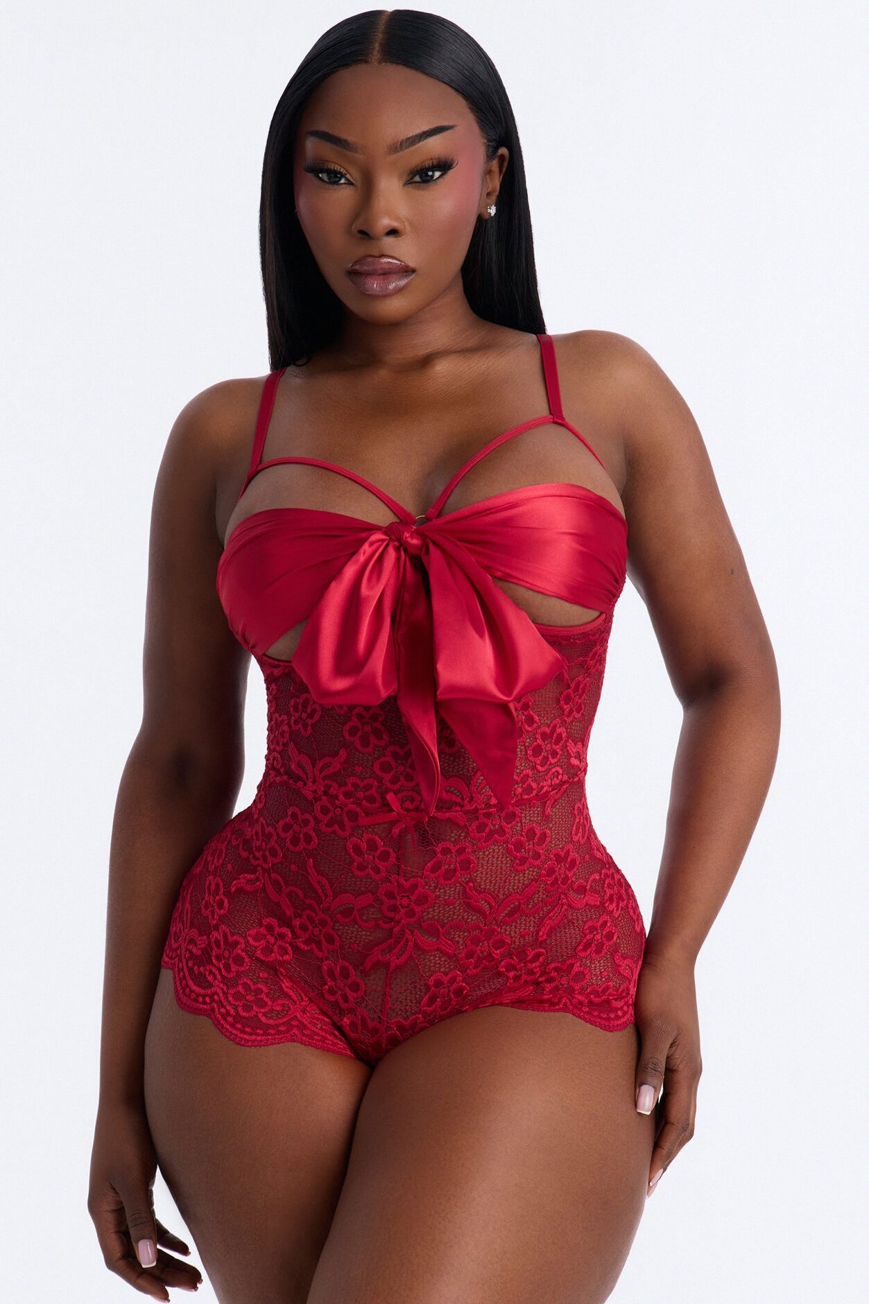 Sweet And Subtle Lace Open Cup Crotchless Teddy - Red