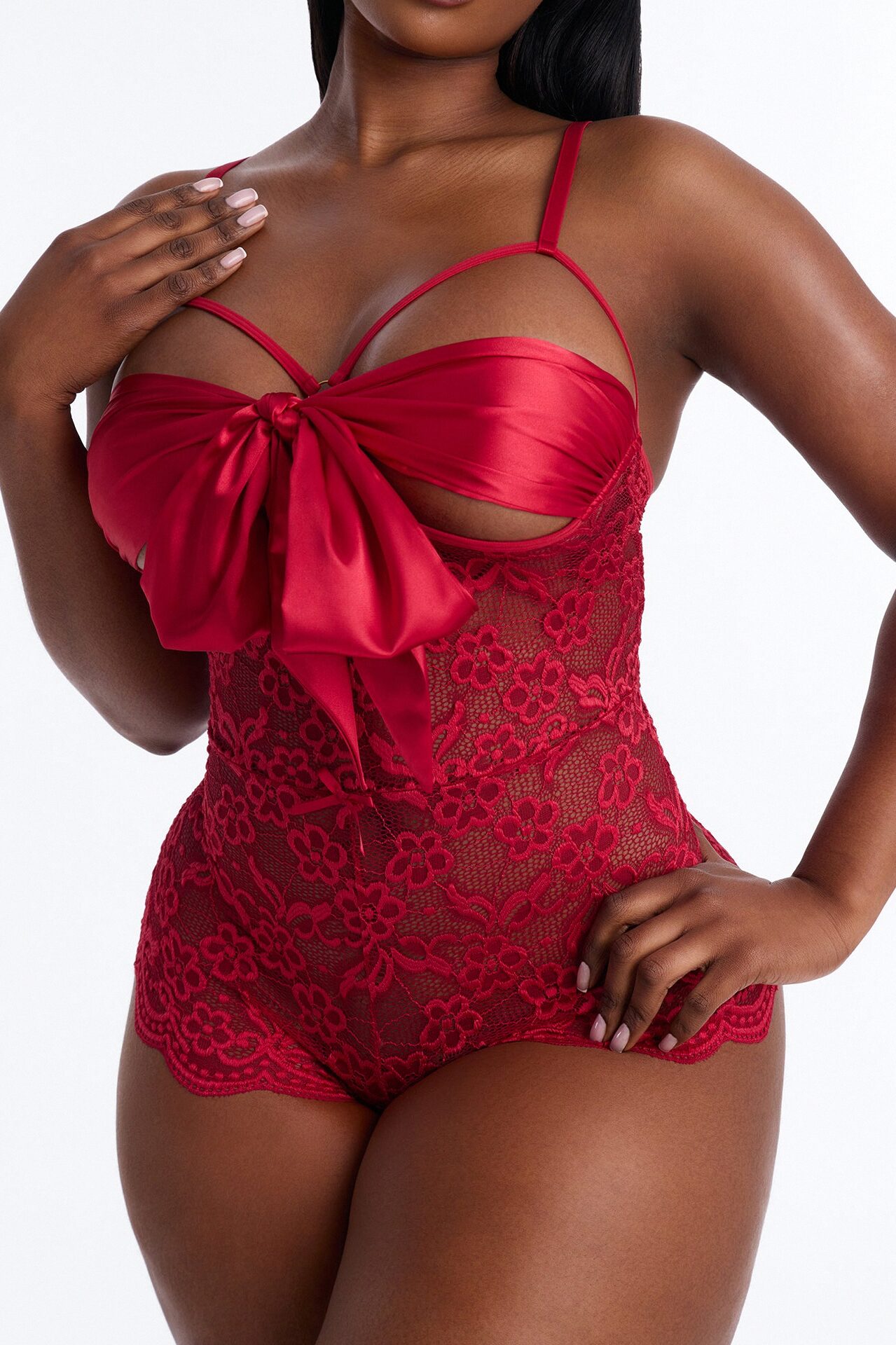 Sweet And Subtle Lace Open Cup Crotchless Teddy - Red