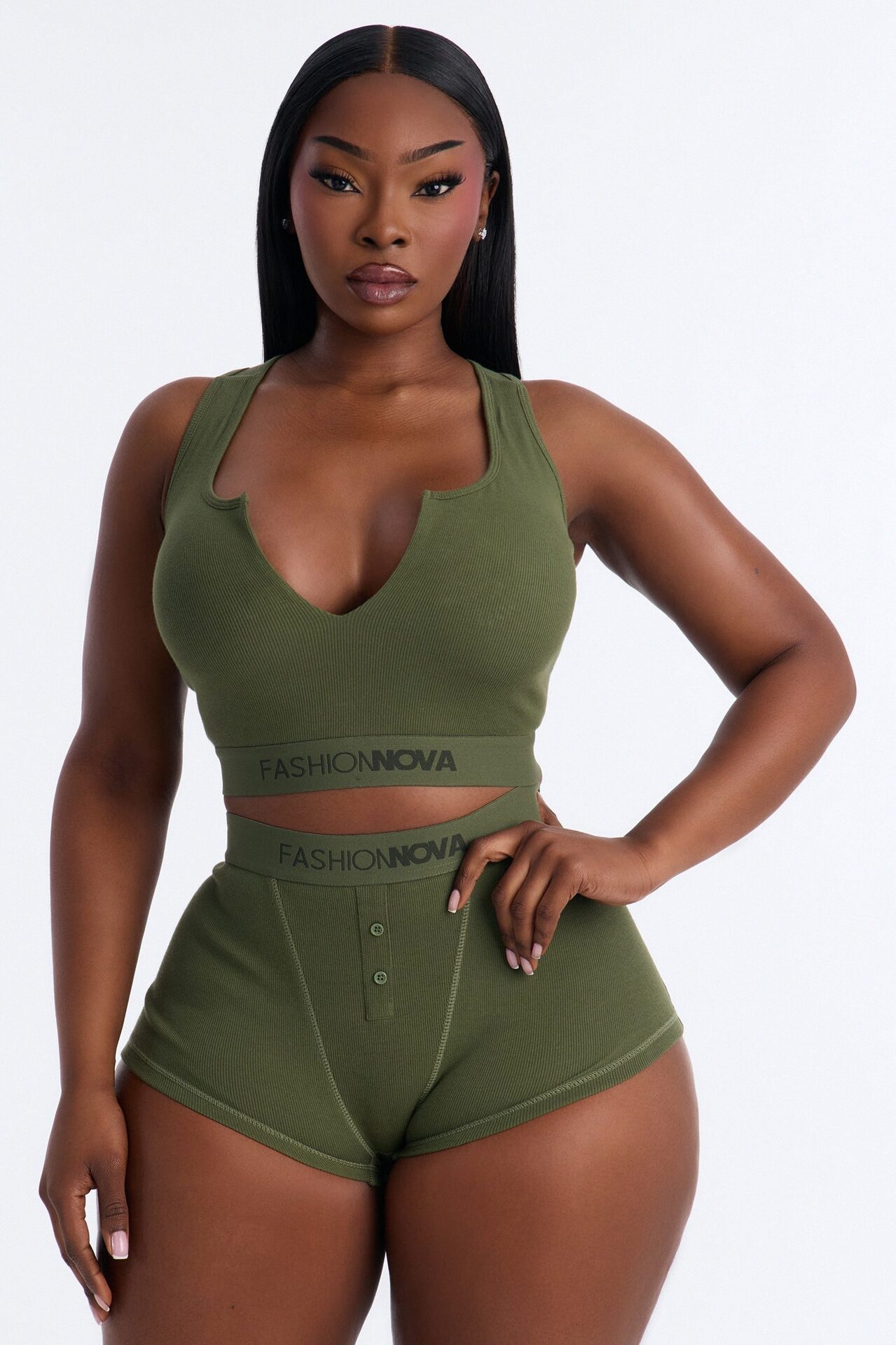 FN Mood Cotton Bralette Boxer Short Ribbed Set - Olive