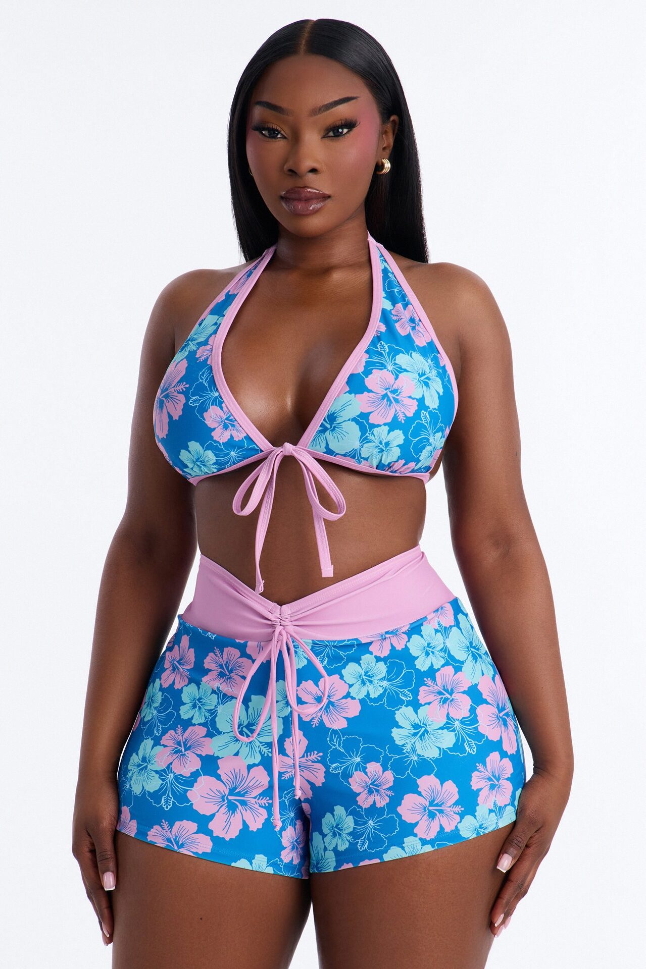 Alana Floral 3 Piece Halter Bikini & Short Sunsuit - Turquoise/combo