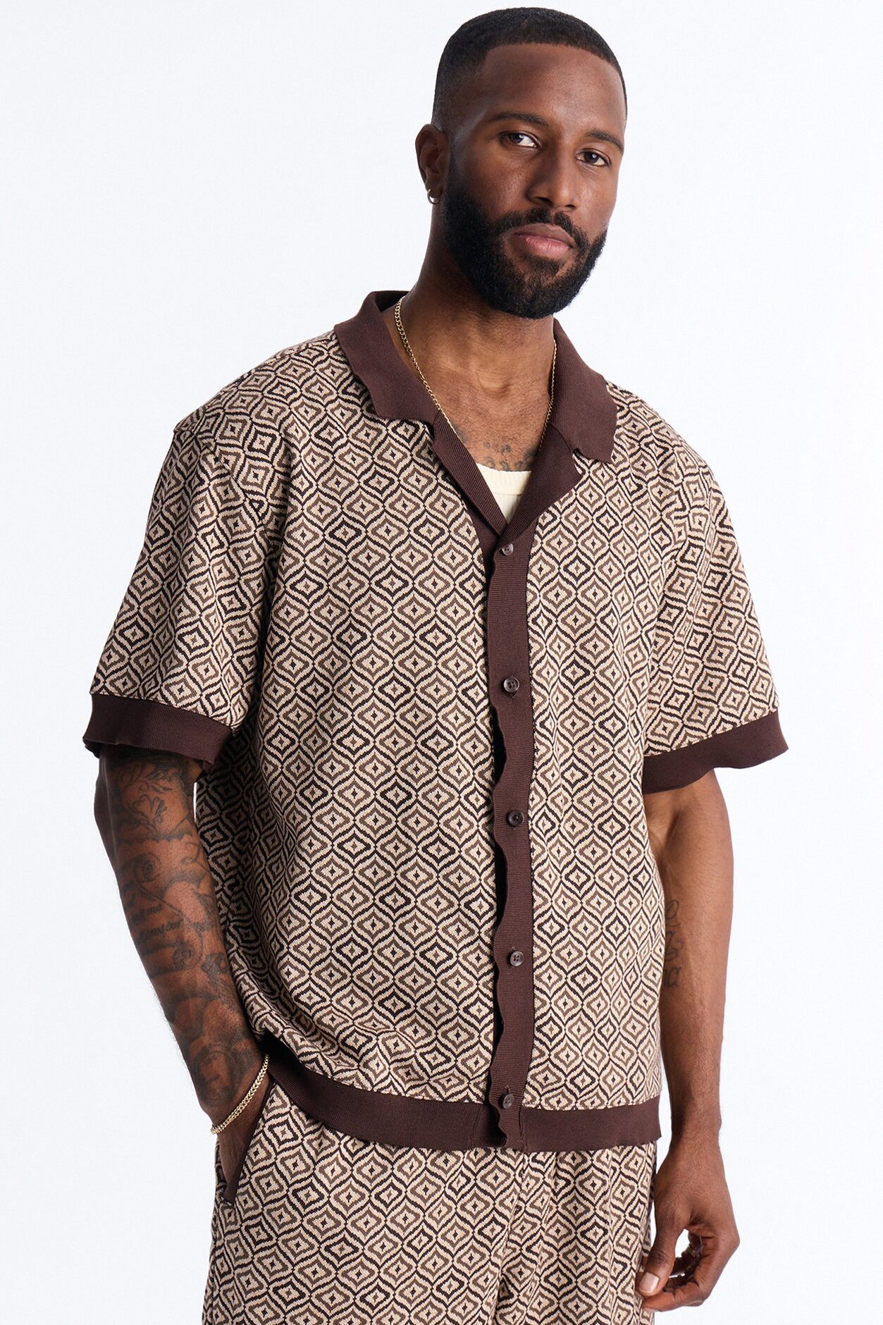 Geometric Jewel Jacquard Button Up Shirt - Brown