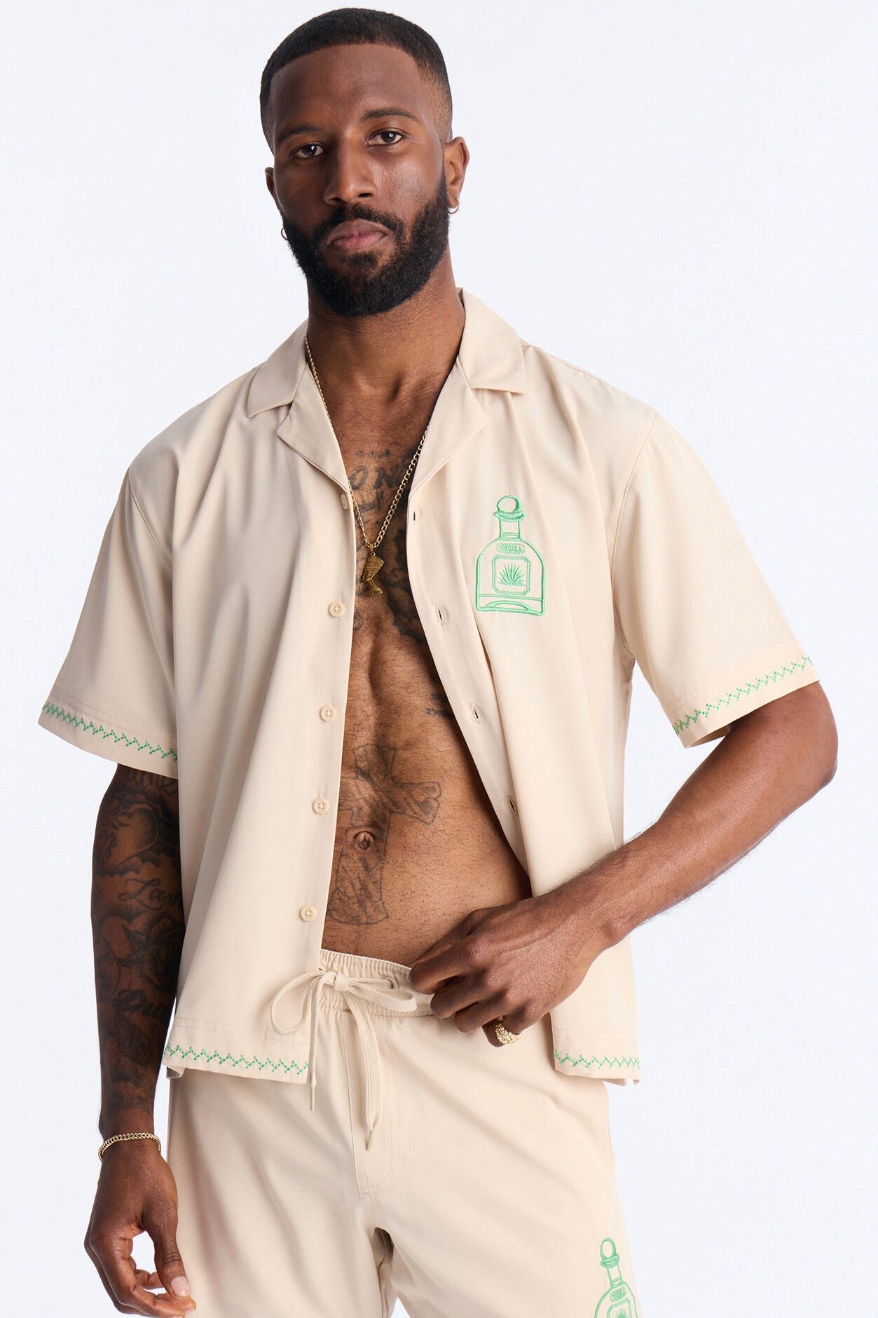 Agave Palm Embroidered Cuban Collar Button Up Shirt - Off White