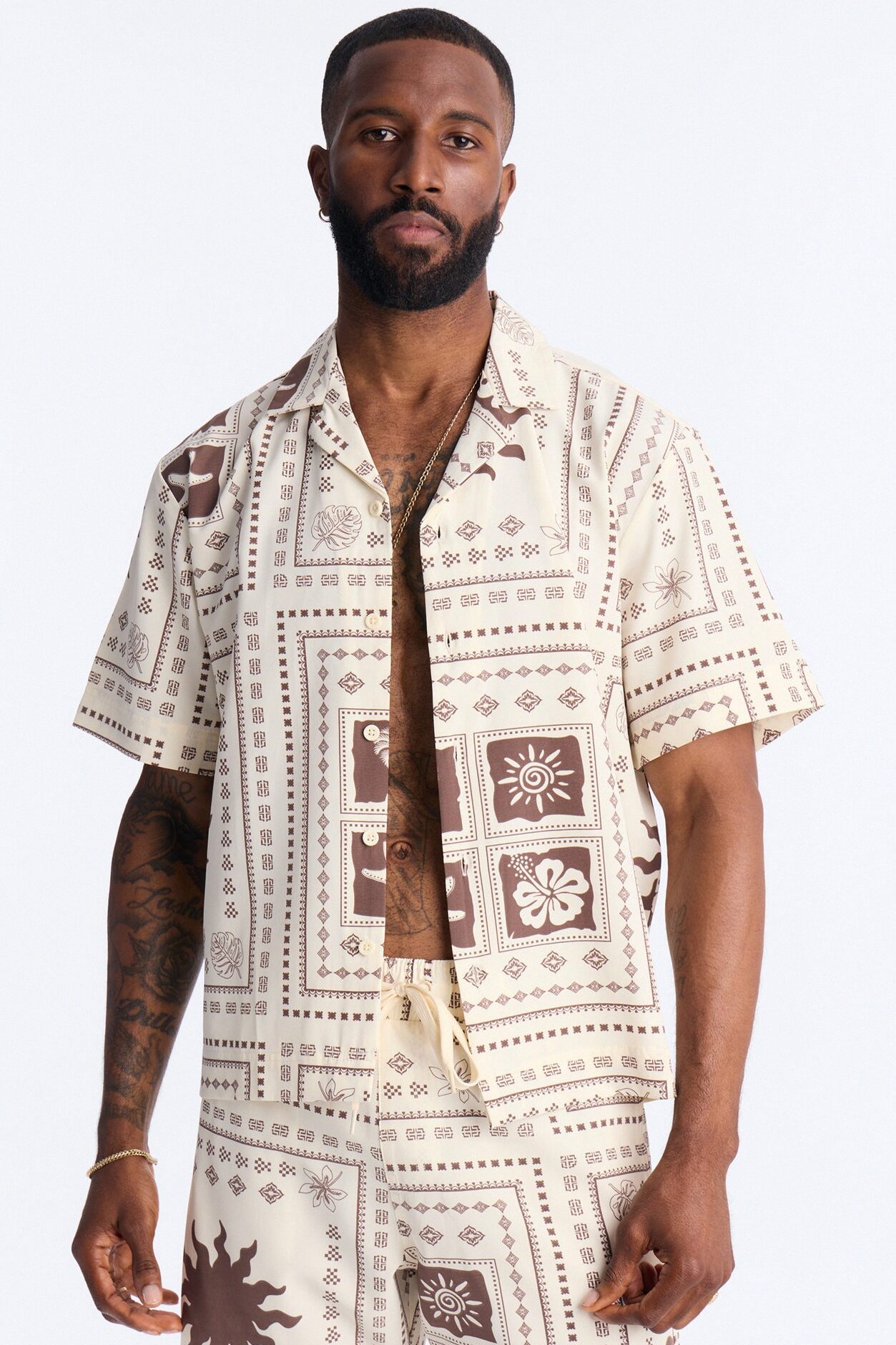 Relaxed Terra Mosaic Cuban Collar Button Up Shirt - Brown
