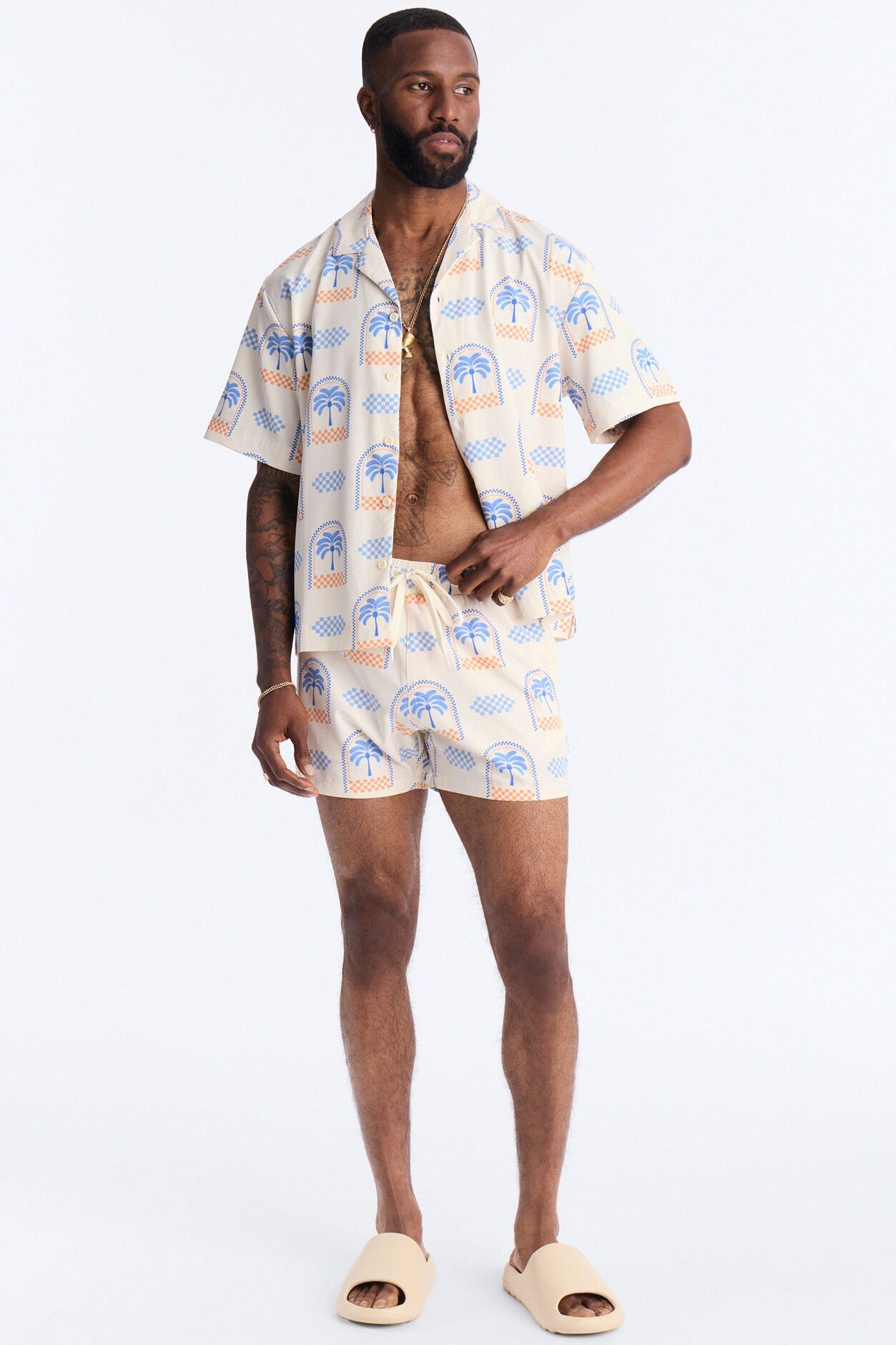 Coastal Palm Grid Cuban Collar Button Up Shirt - White/Blue