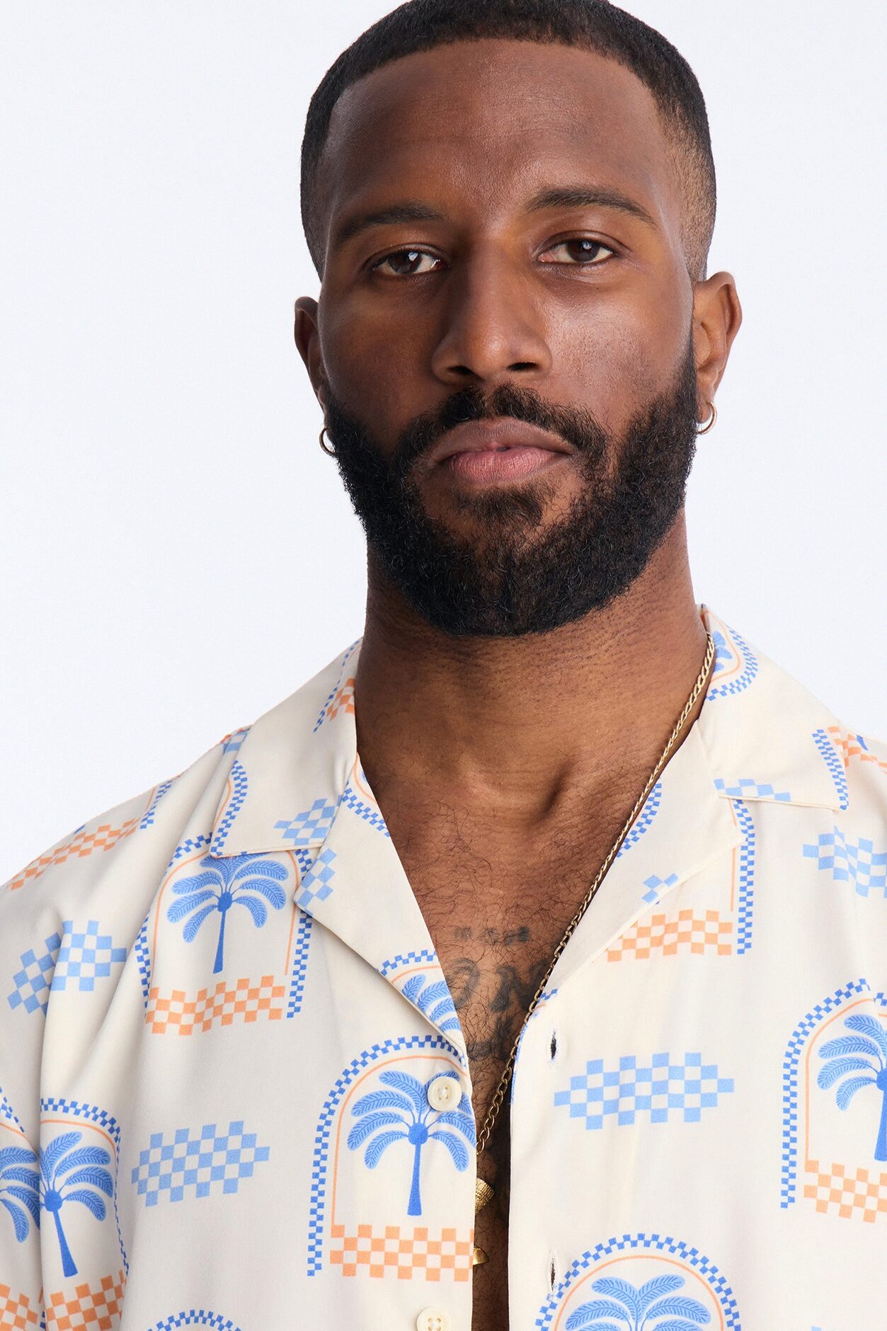 Coastal Palm Grid Cuban Collar Button Up Shirt - White/Blue