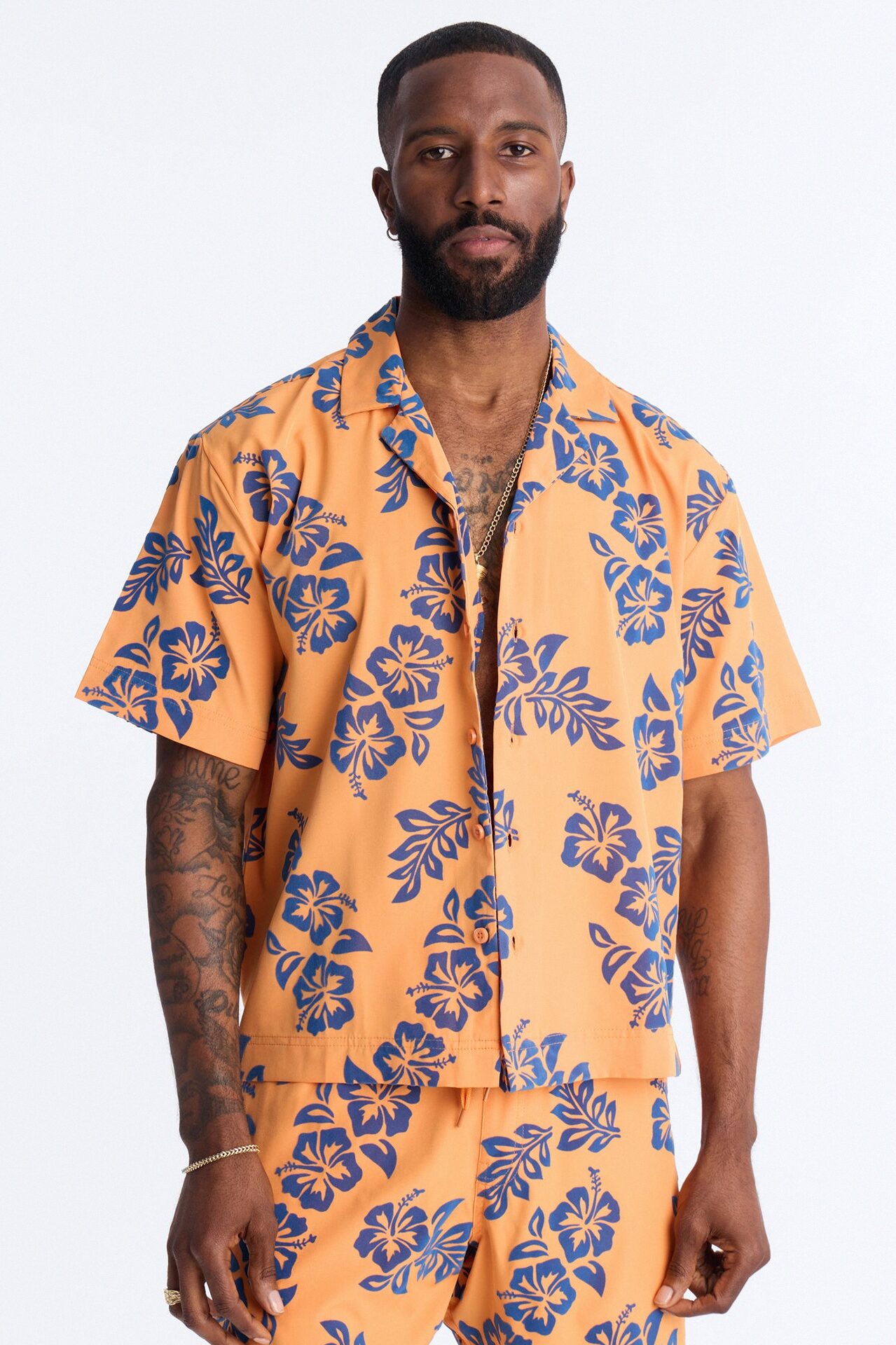 Relaxed Flocked Hibiscus Heat Cuban Collar Button Up Shirt - Orange