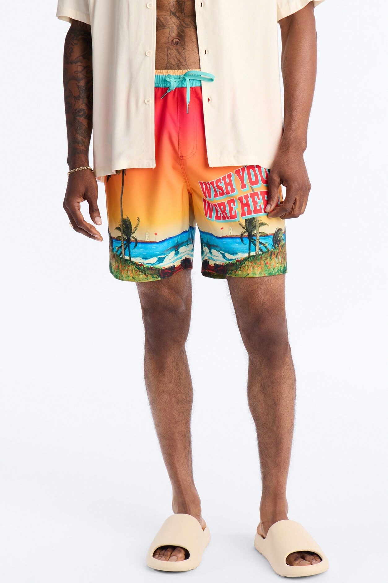 Wish You Were Here Postcard Swim Trunk 7″ - Multi Color