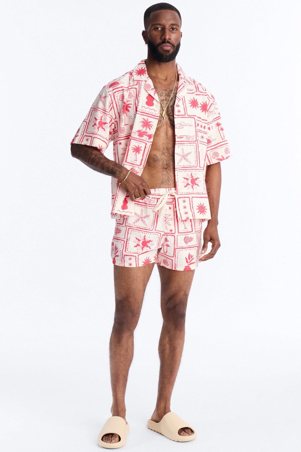 Relaxed Vacation Motif Cuban Collar Button Up Shirt - Red