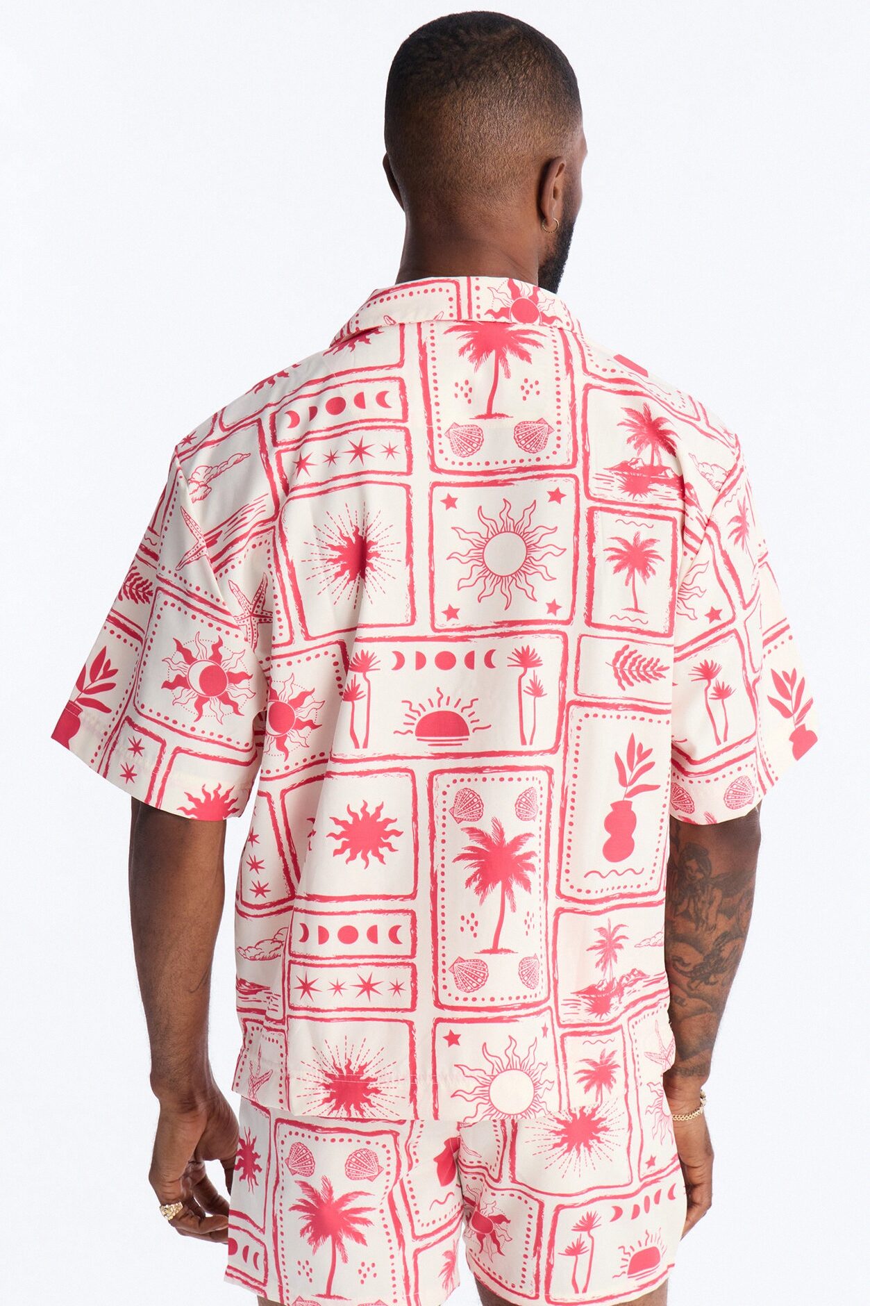 Relaxed Vacation Motif Cuban Collar Button Up Shirt - Red