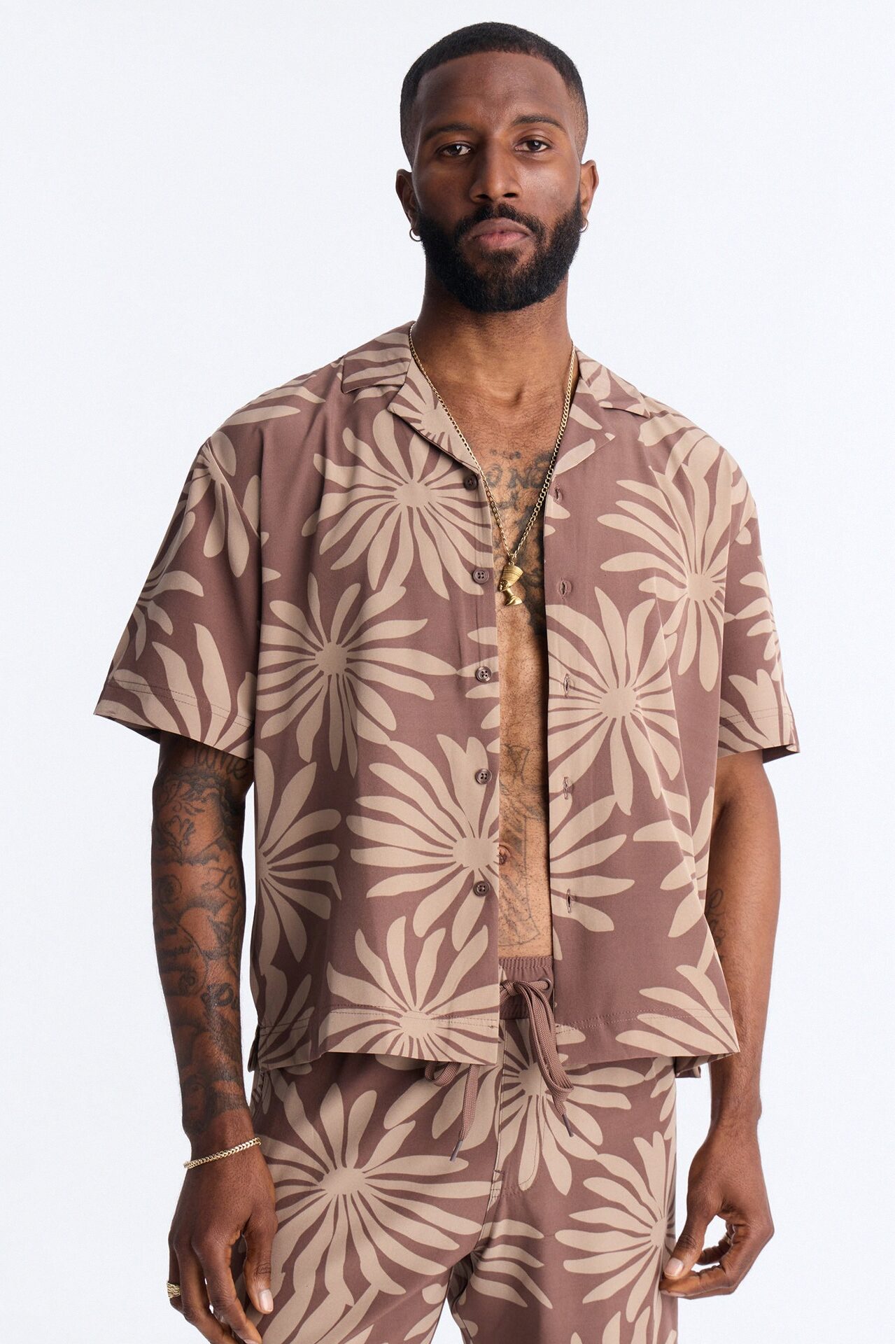 Relaxed Tulum Bloom Cuban Collar Button Up Shirt - Brown