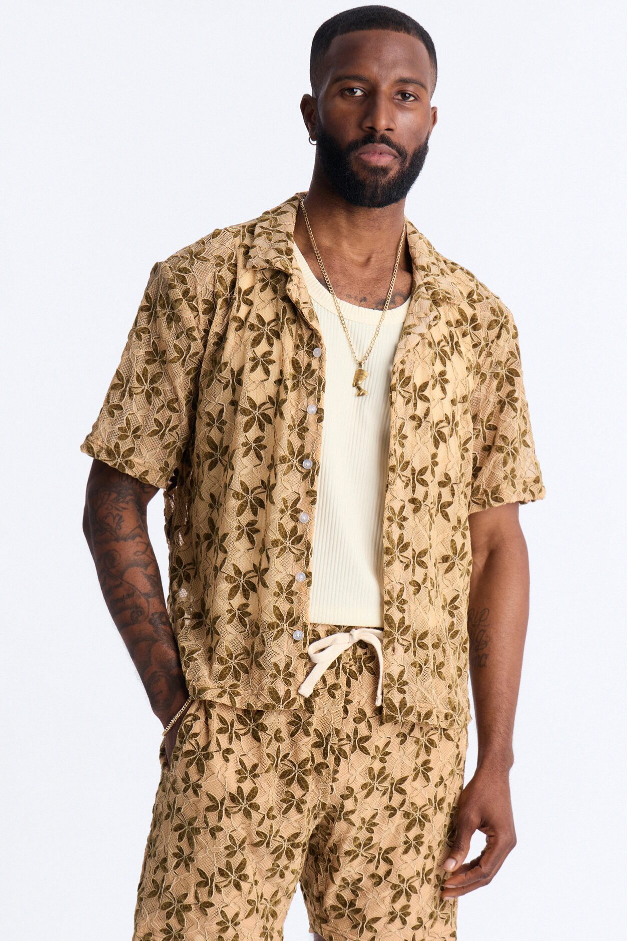 Cabo Canopy Cuban Collar Shirt - Tan/Multi