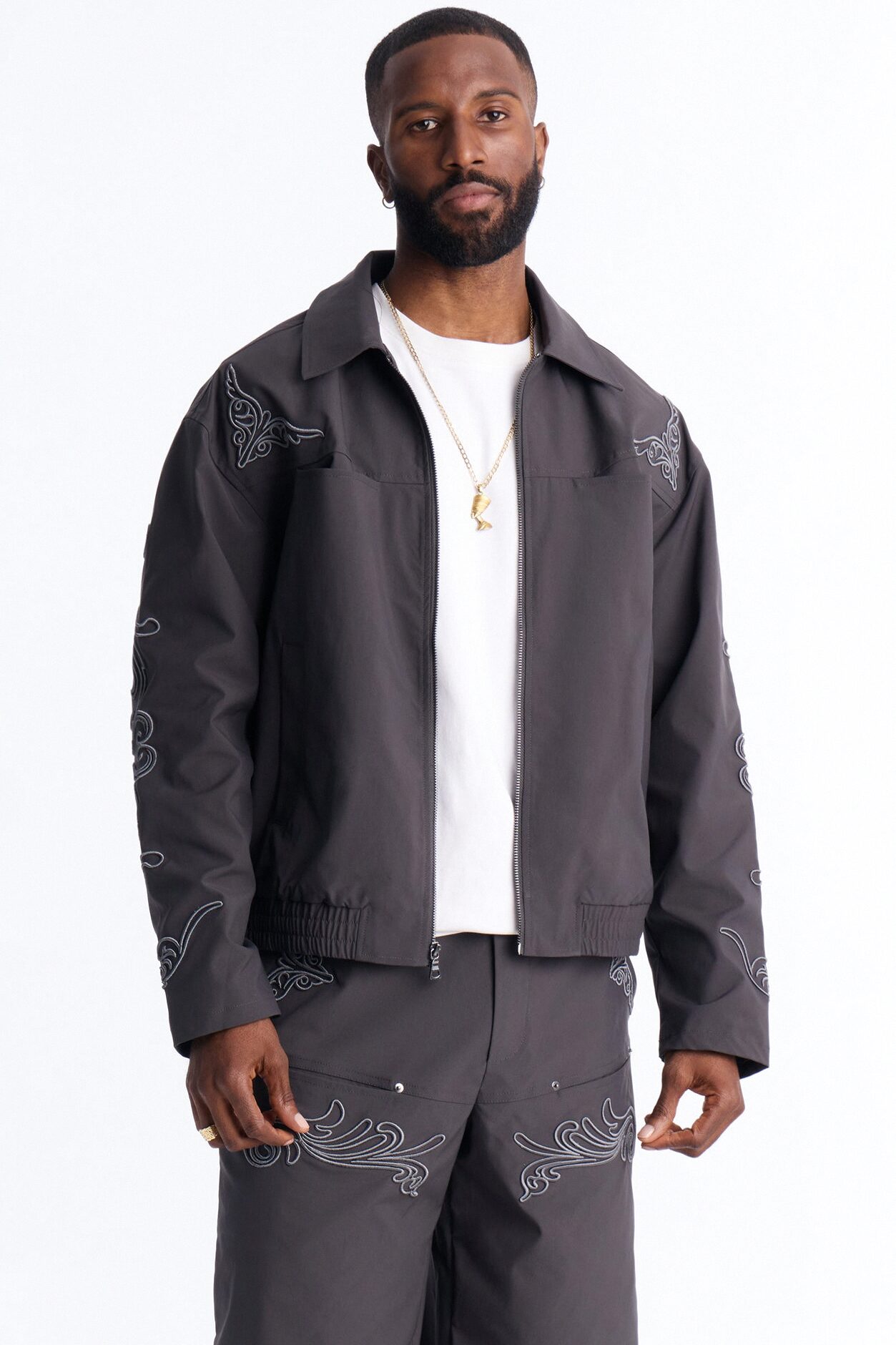 Delaro Embroidered Bomber Jacket - Charcoal