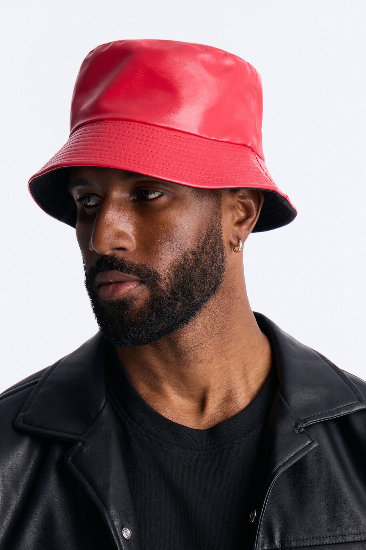 Faux Leather Bucket Hat - Red