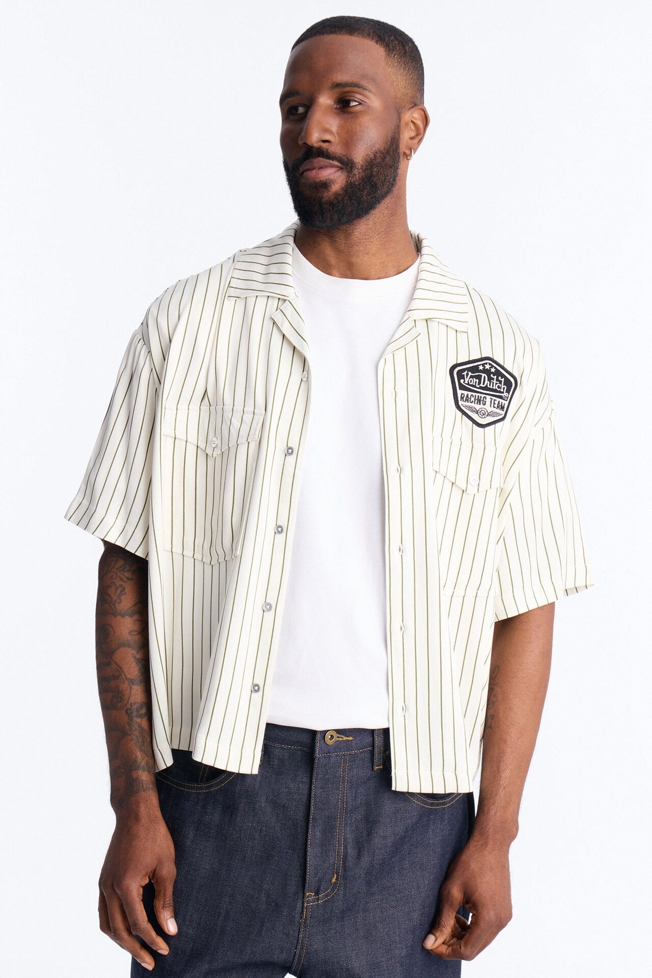 Von Dutch Embroidery Patch Short Sleeve Button Up Shirt - Cream