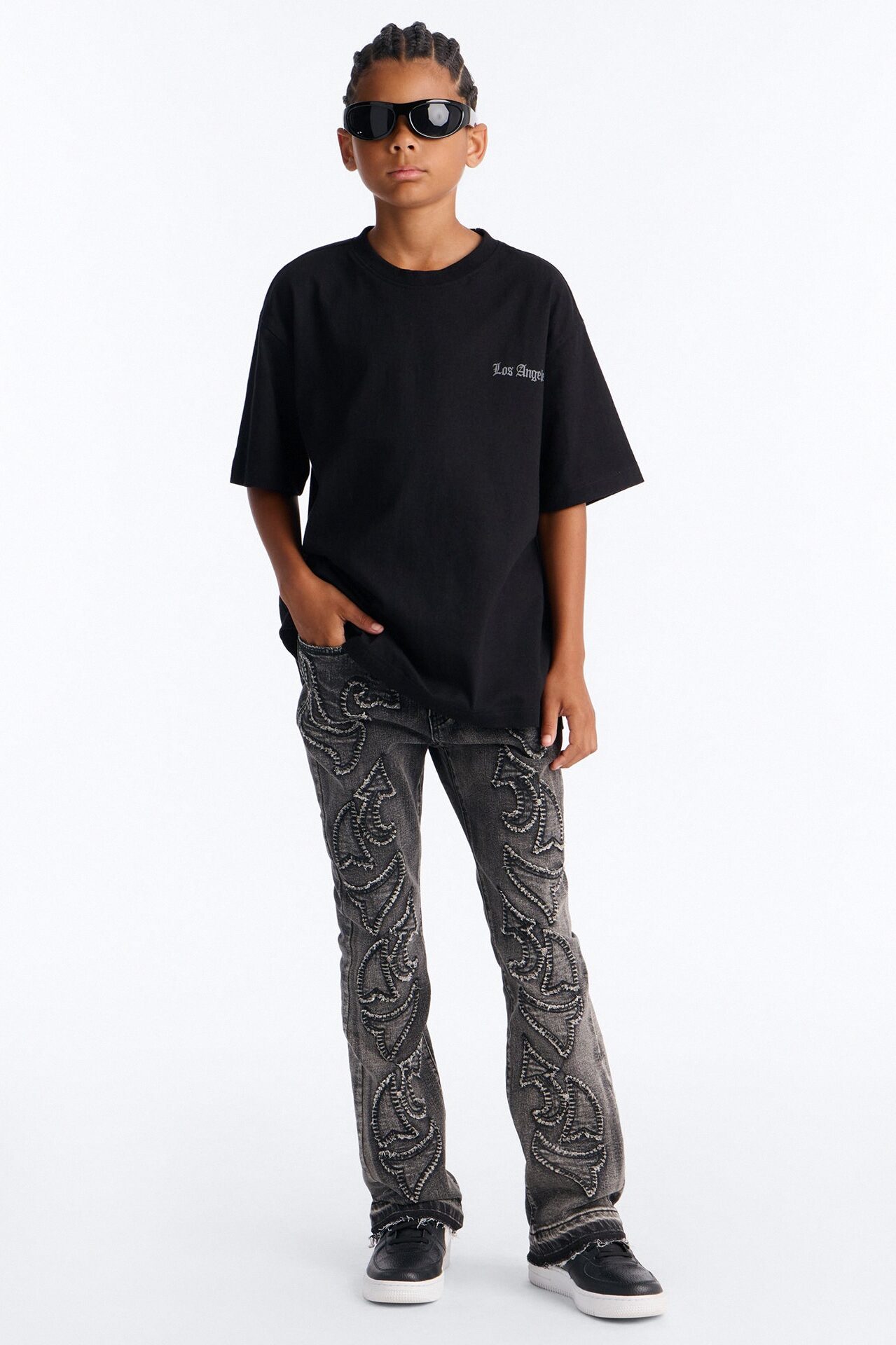 Mini Stacked Skinny Flare Paisley Patch Jean - Grey