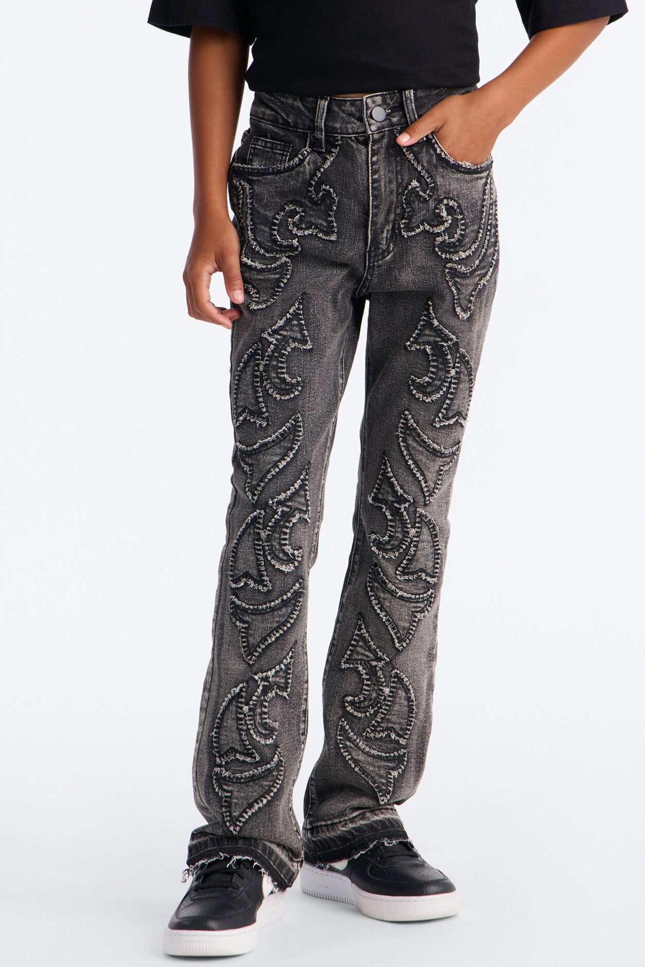 Mini Stacked Skinny Flare Paisley Patch Jean - Grey