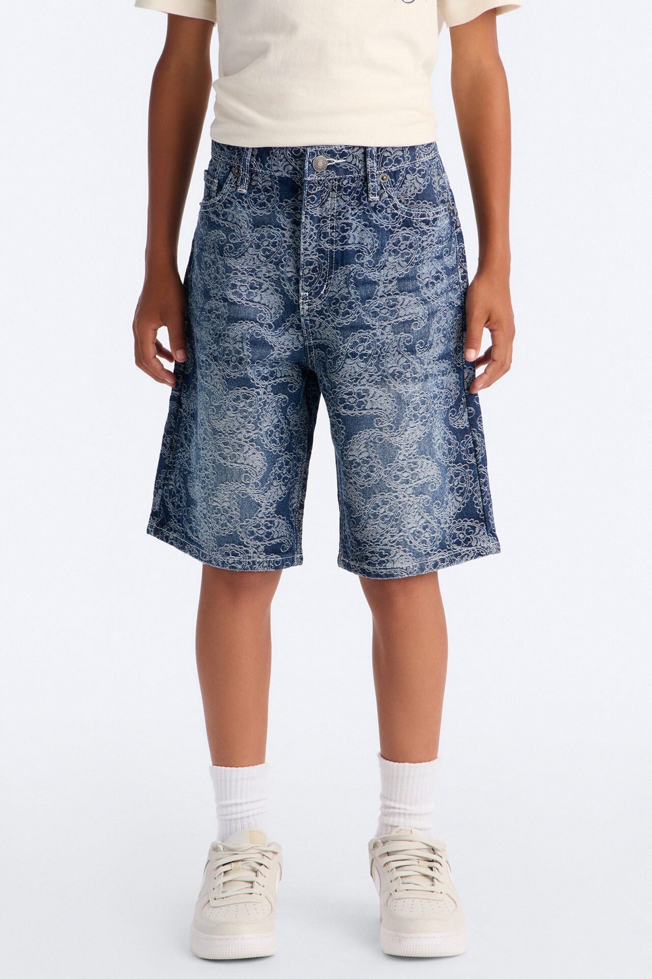 Mini Baggy Paisley Jacquard Denim Short - Dark Wash