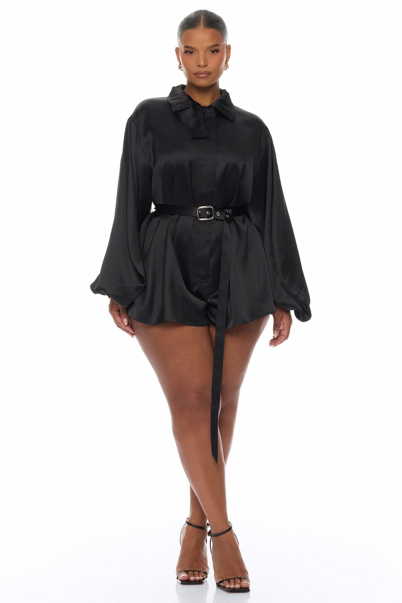 Izabel Balloon Sleeve Satin Romper - Black