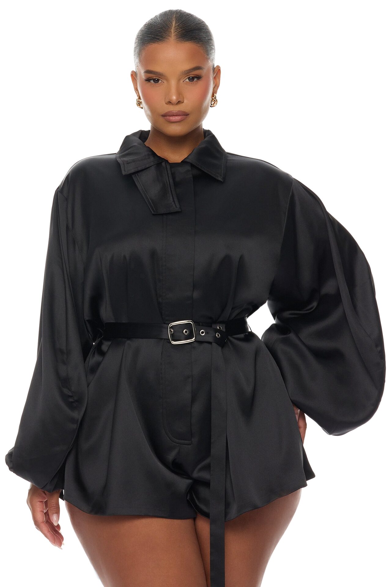 Izabel Balloon Sleeve Satin Romper - Black
