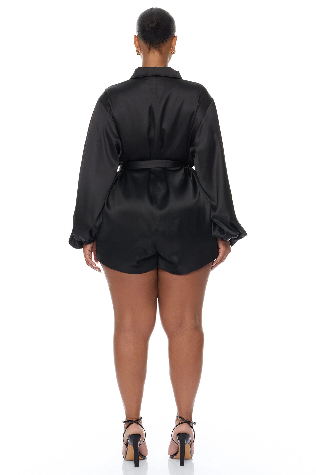 Izabel Balloon Sleeve Satin Romper - Black