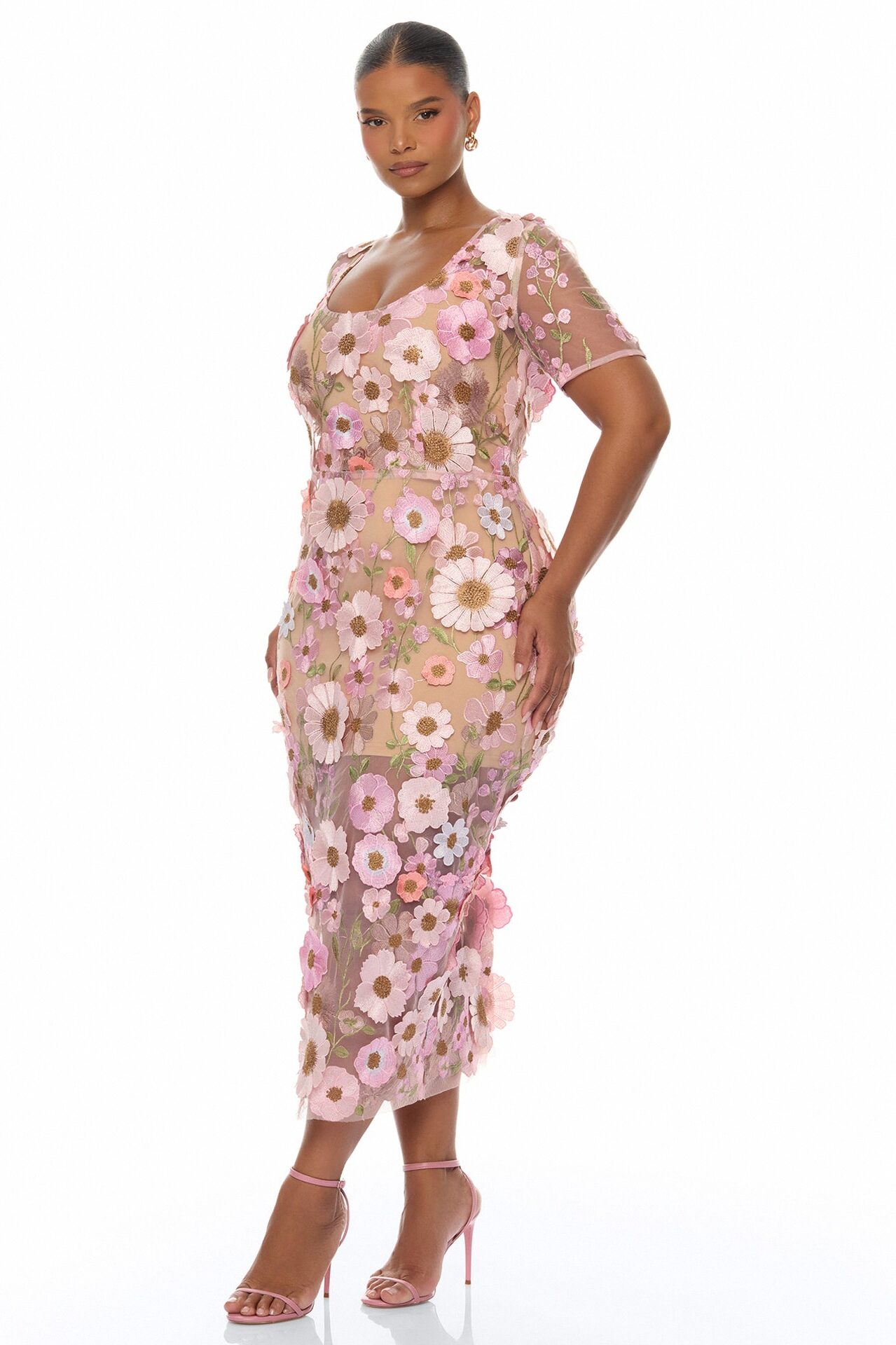 Rosewood Floral Embroidered Mesh Midi Dress - Pink/combo