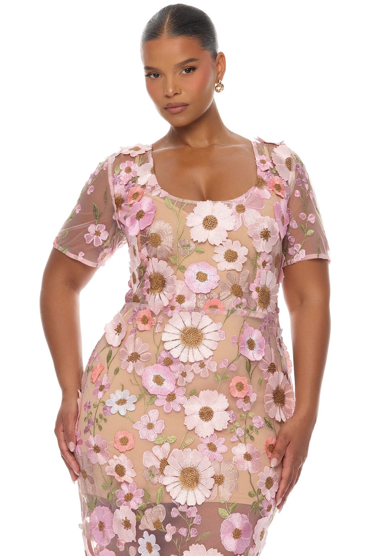Rosewood Floral Embroidered Mesh Midi Dress - Pink/combo