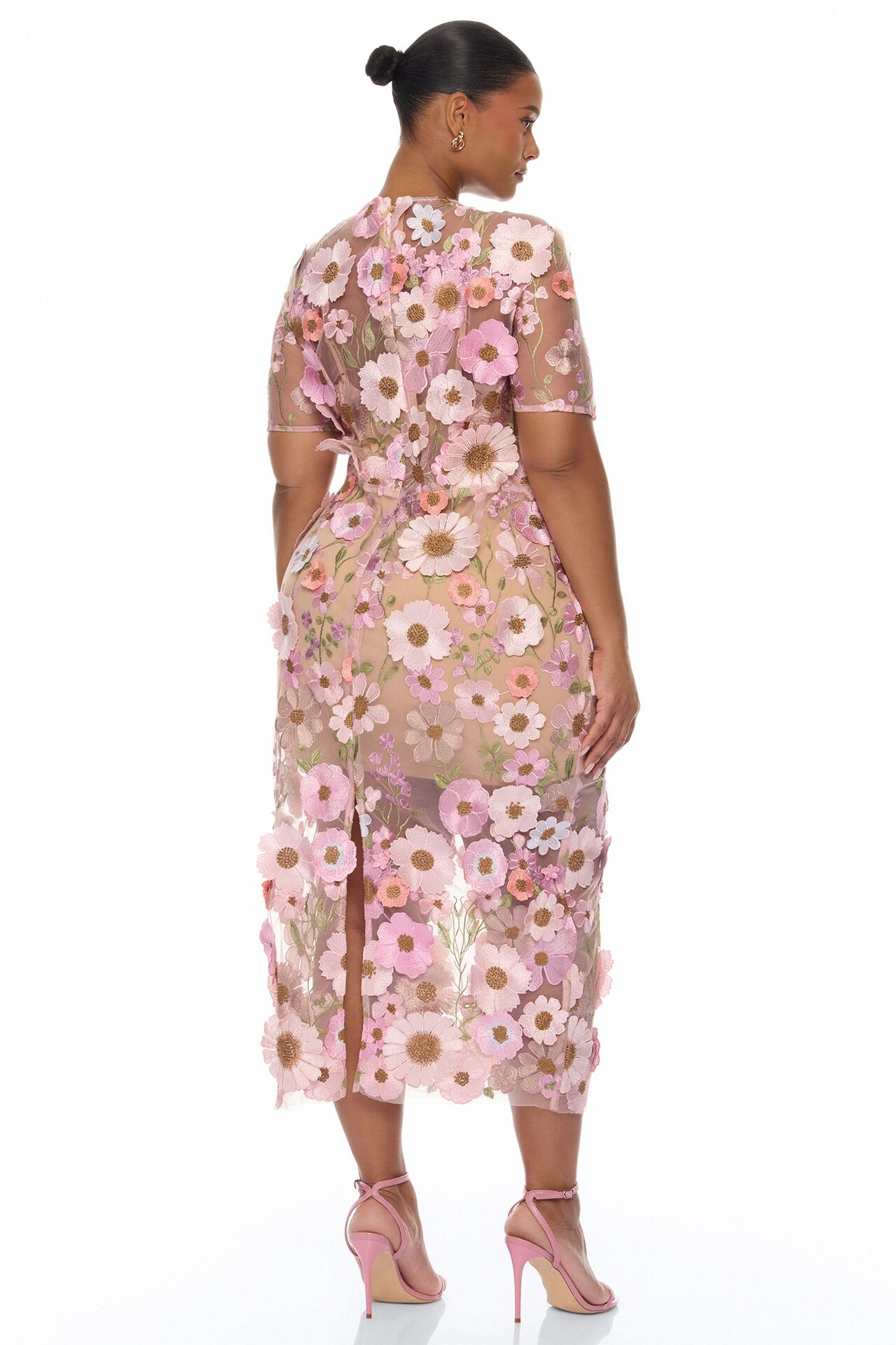 Rosewood Floral Embroidered Mesh Midi Dress - Pink/combo