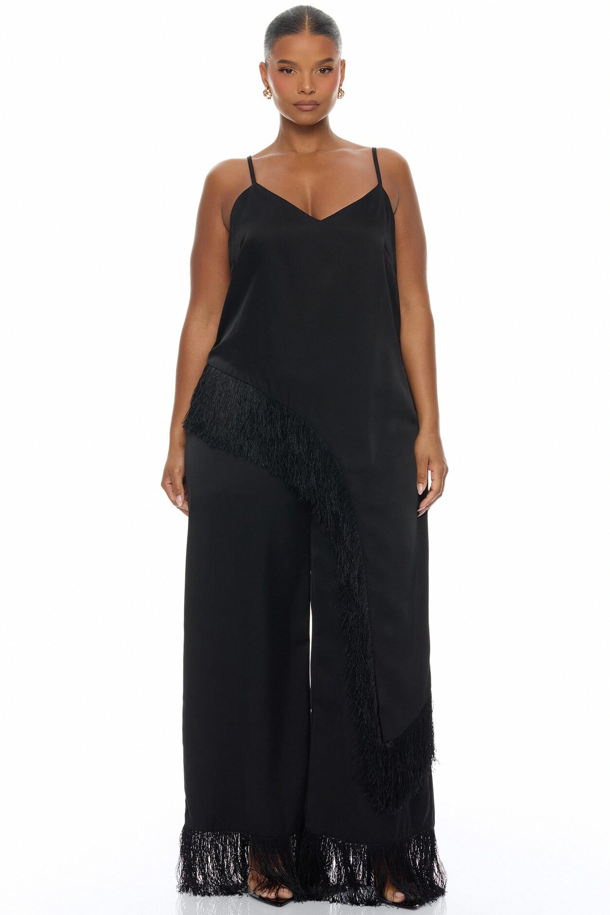 Natural Drama Fringe Satin Pant Set - Black