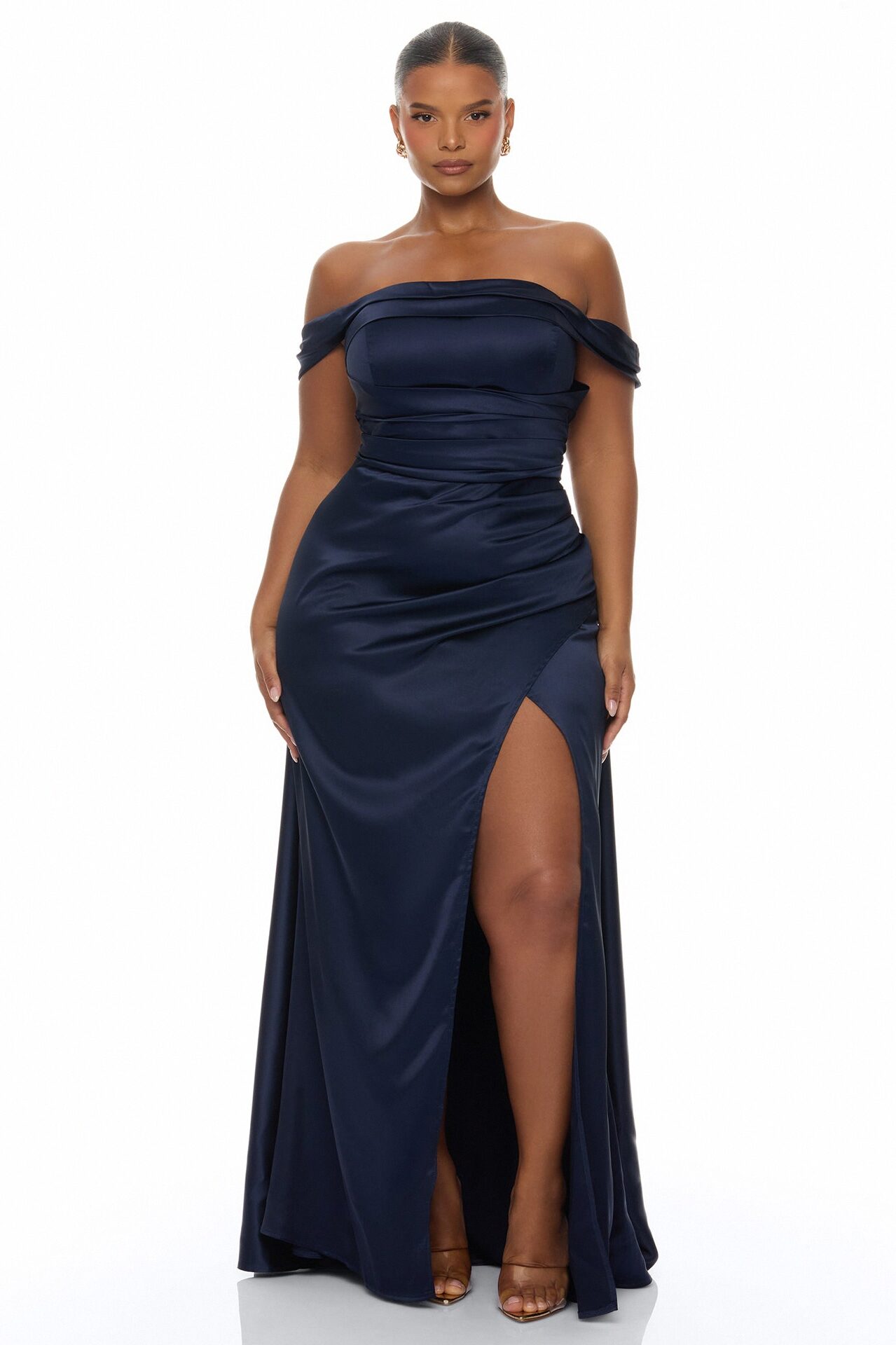 Grayson Off Shoulder Satin Maxi Dress - Navy