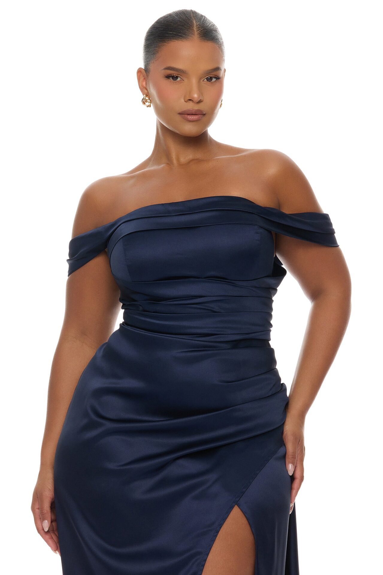 Grayson Off Shoulder Satin Maxi Dress - Navy