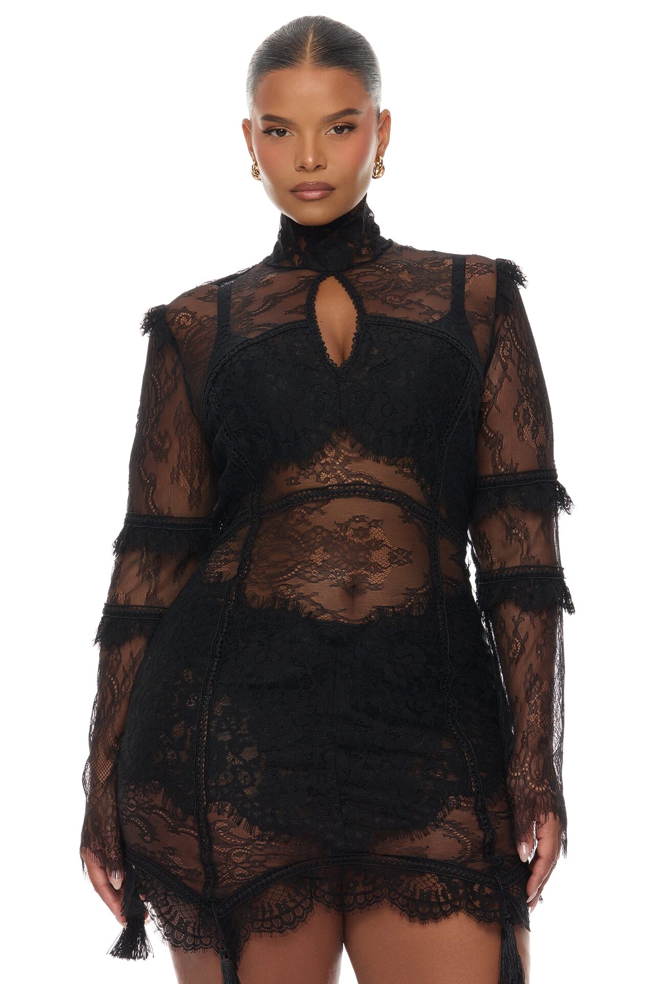 Lana Sheer Lace Mini Dress - Black