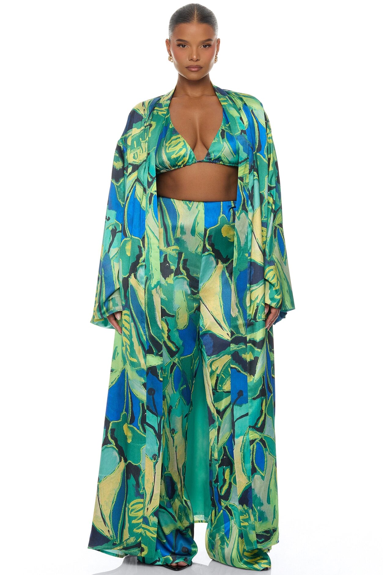 Pure Luxury 3 Piece Satin Kimono Set - Green/combo
