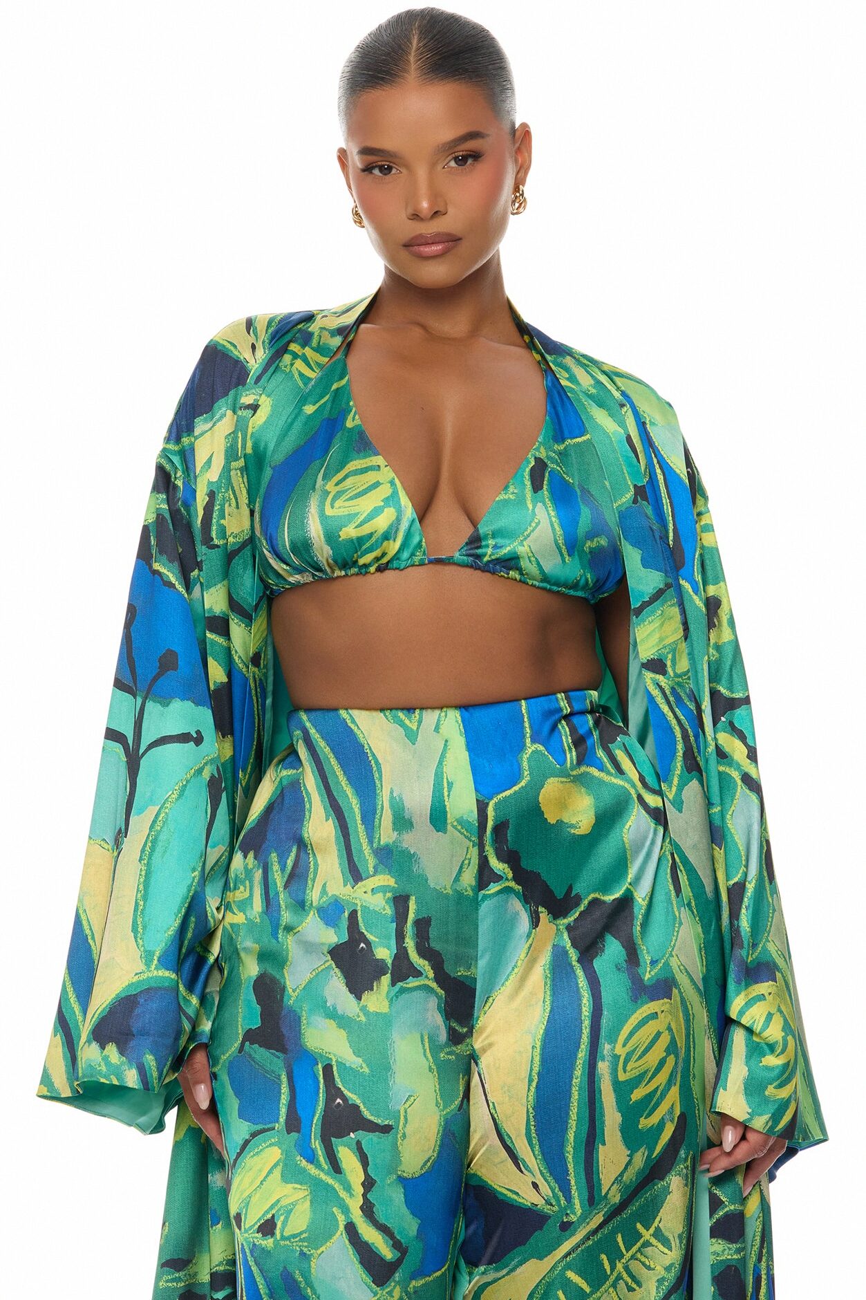 Pure Luxury 3 Piece Satin Kimono Set - Green/combo