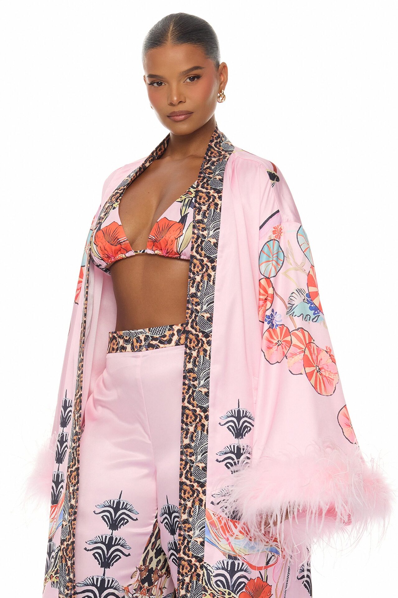Luxe Lifestyle Feathered 3 Piece Satin Pant Set - Pink/combo