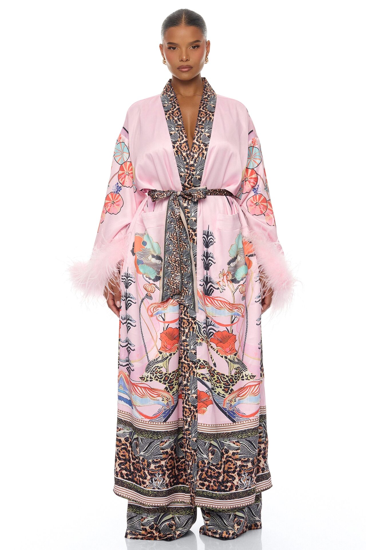 Luxe Lifestyle Feathered 3 Piece Satin Pant Set - Pink/combo